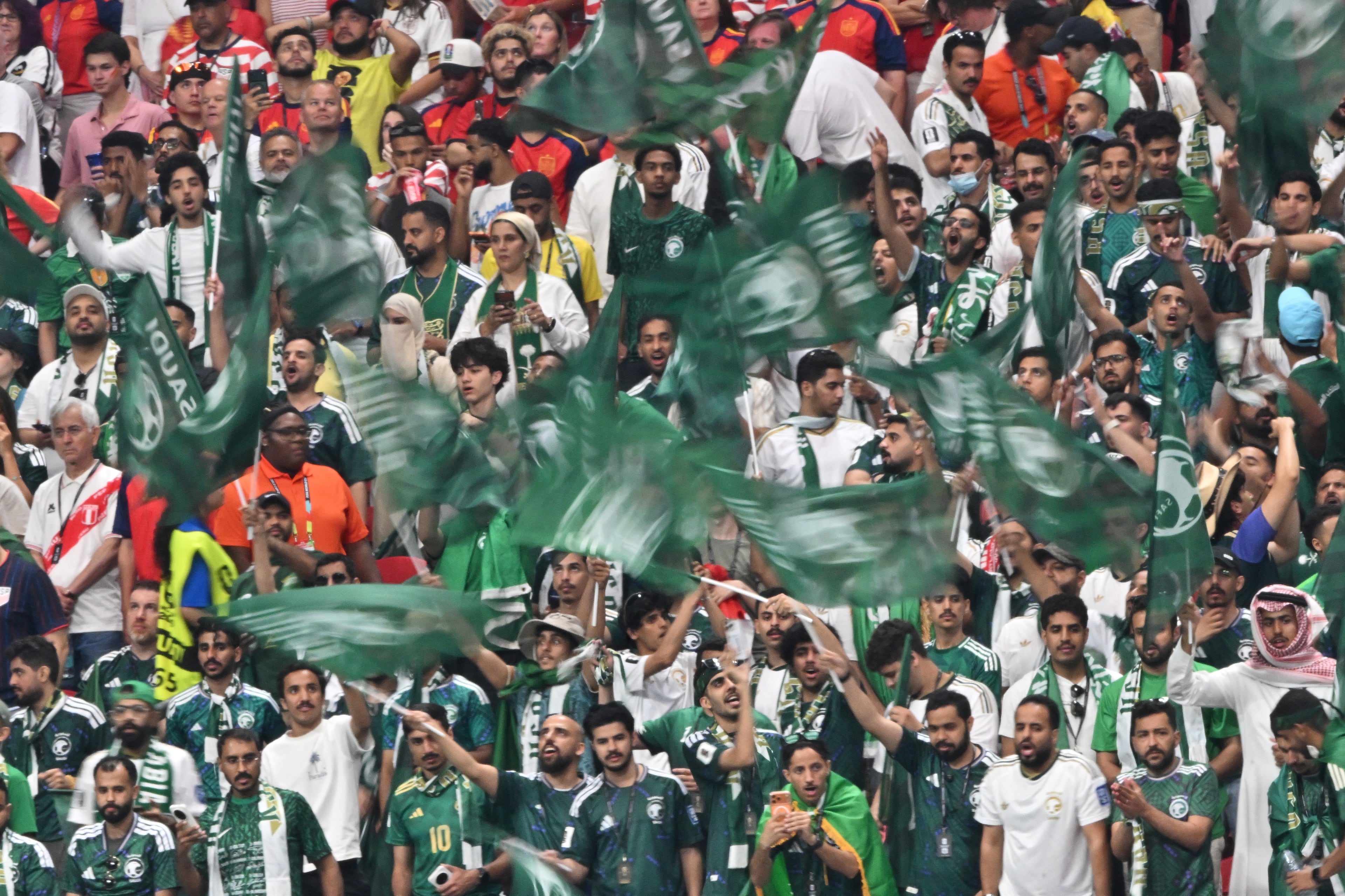 Saudi fans cheer during the second half of the Spain vs. Saudi Arabia World Cup match Sunday, June 21, 2026, at Atlanta Stadium. (Hyosub Shin/AJC)