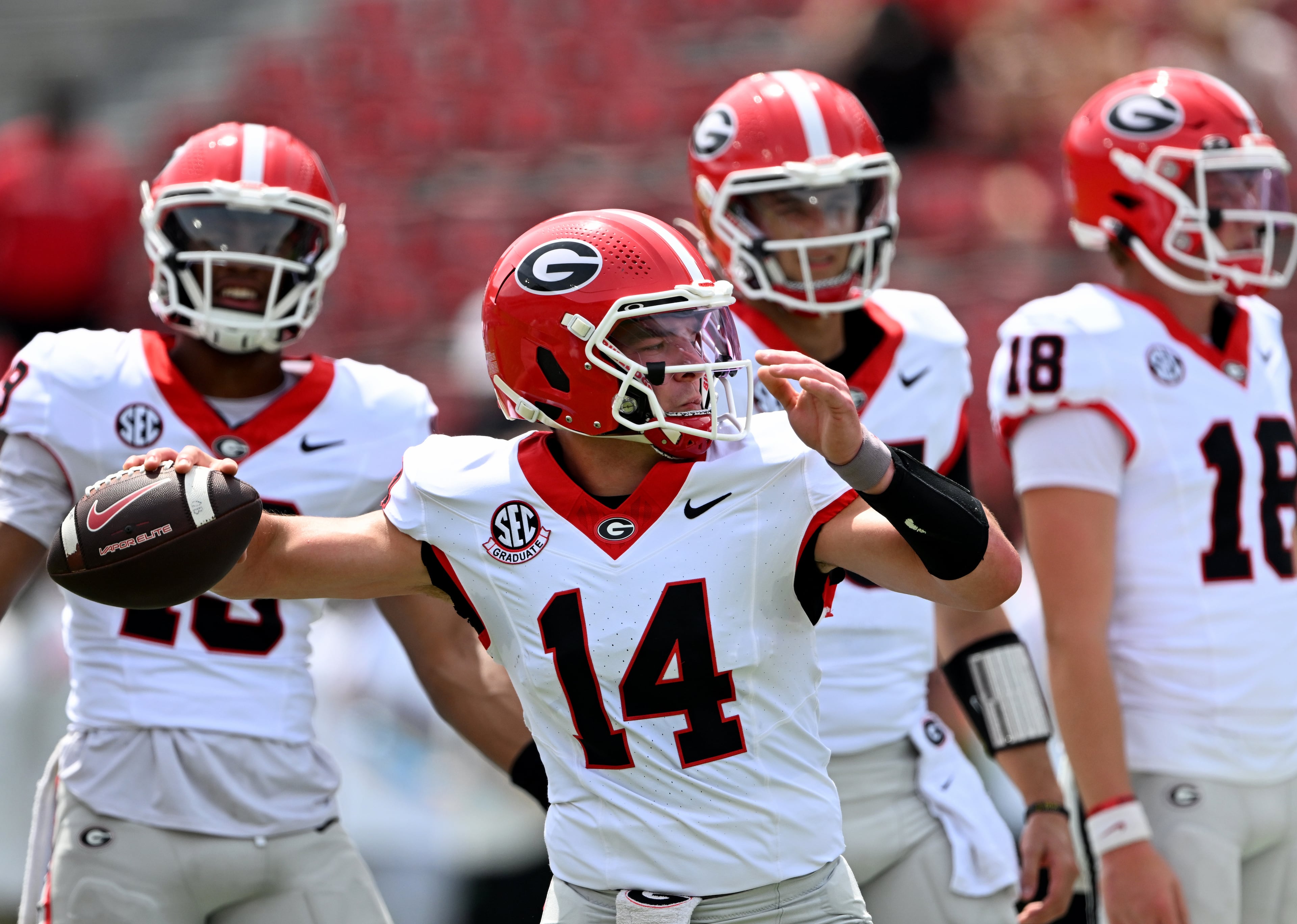 Georgia quarterback Gunner Stockton warms up before G-Day at Sanford Stadium on Saturday, April 18, 2026, in Athens. Stockton’s biggest strength is his intangibles. (Hyosub Shin/AJC)