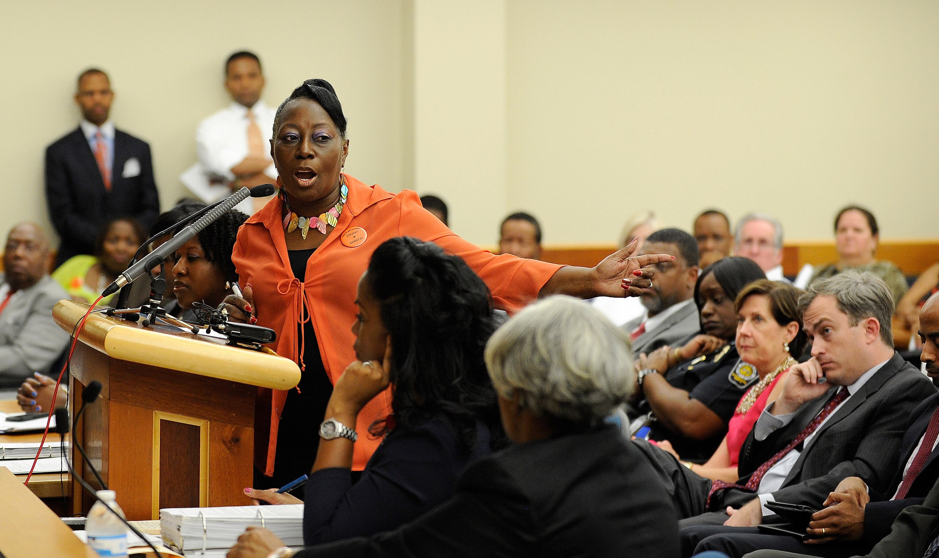 Former Georgia representative Roberta Abdul-Salaam makes a presentation for a referendum to join MARTA for the November ballot during a meeting of Clayton County's Board of Commissioners Tuesday, July 1, 2014, in Jonesboro, Ga. If approved by voters, the transportation measure would usher in the first additional county since the inception of the transit authority. David Tulis / AJC Special