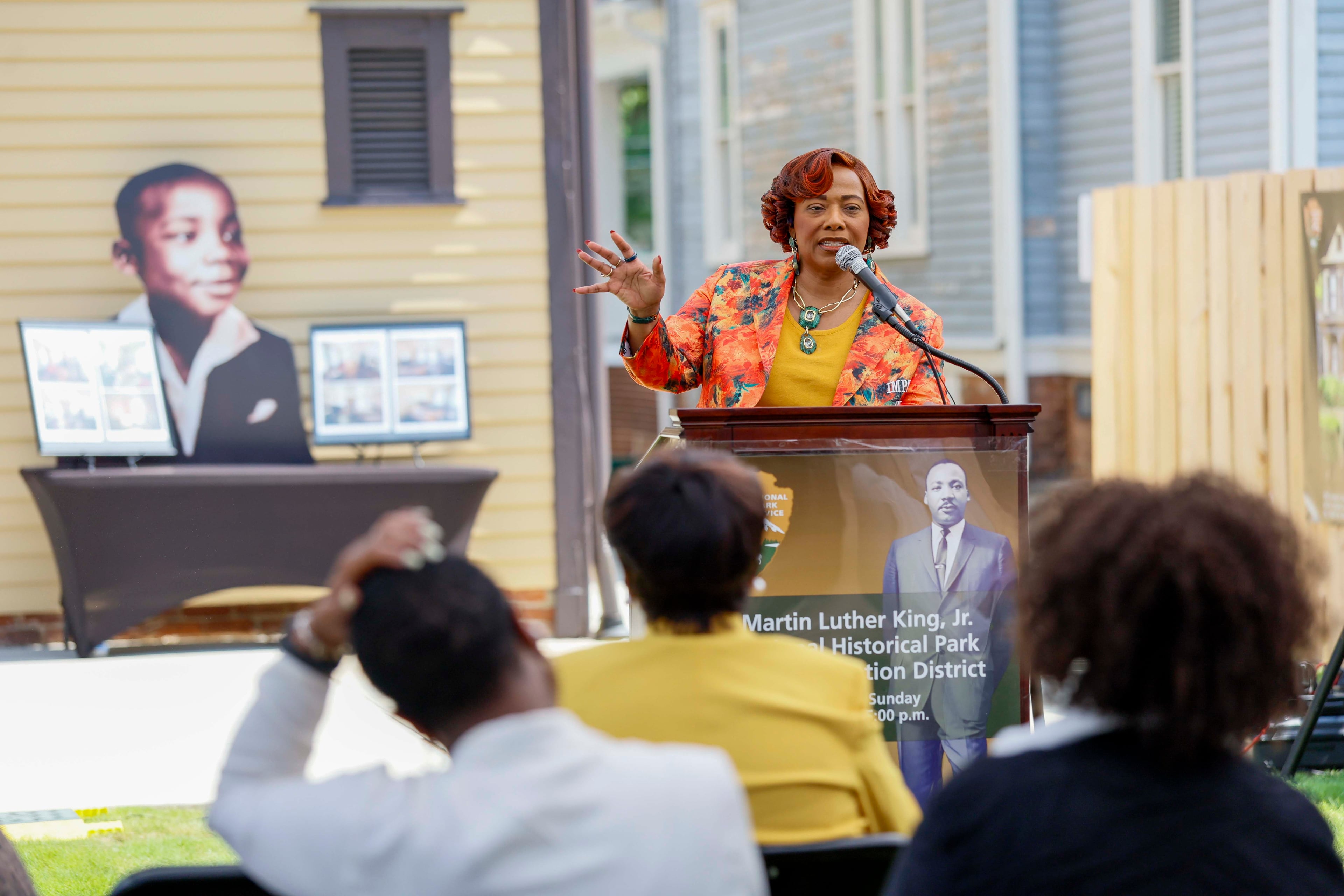 Bernice King speaks at the ribbon-cutting event marking the restoration of her father Martin Luther King Jr.'s childhood home on Thursday, July 2, 2026. (Miguel Martinez/AJC)
