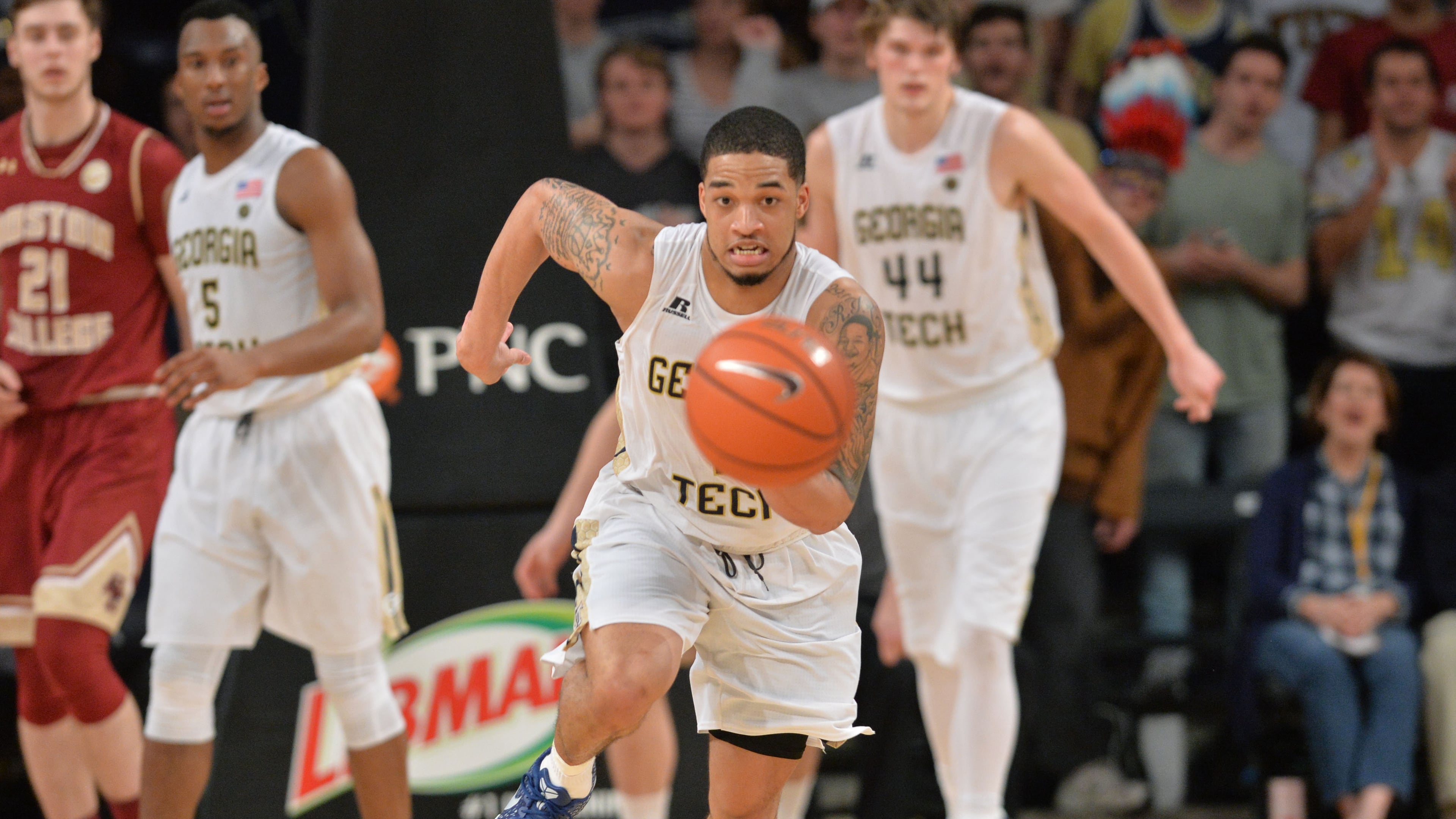 Georgia Tech’s guard Tadric Jackson (1) brings the ball upcourt in a basketball game at McCamish Pavilion on Saturday, Feb. 11, 2017. Georgia Tech won 65-54 over the Boston College. HYOSUB SHIN / HSHIN@AJC.COM