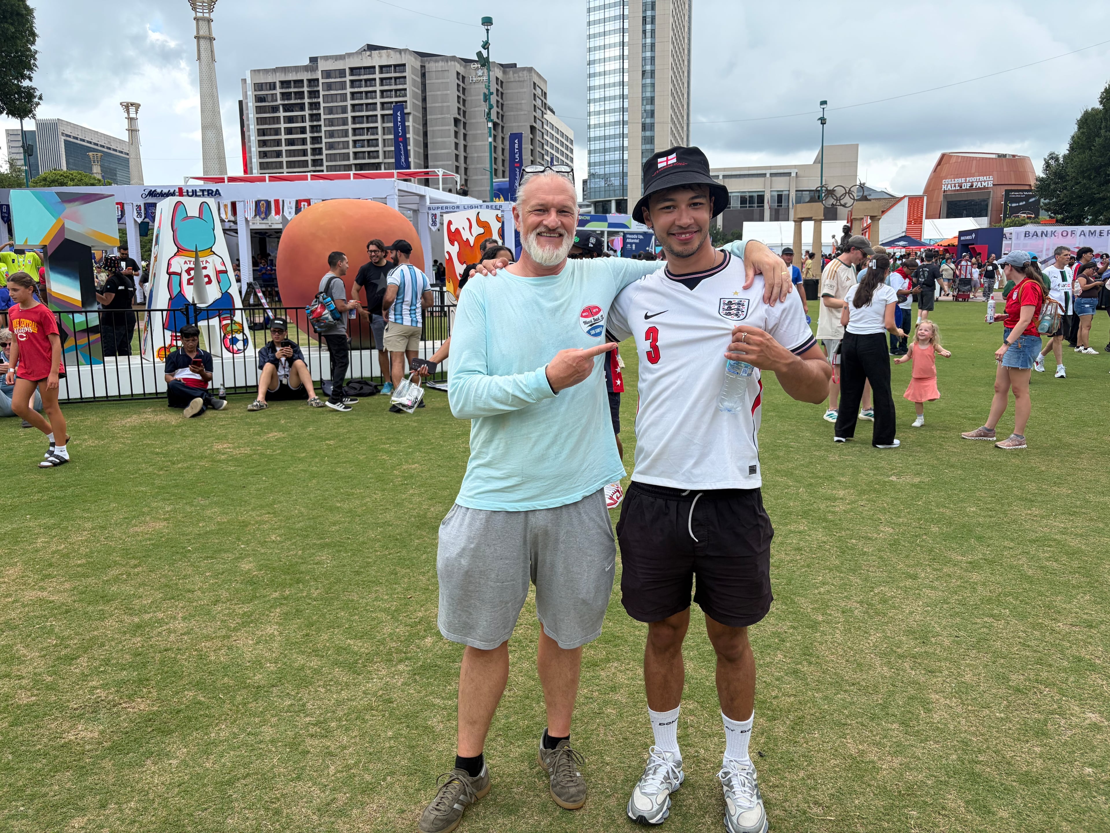 Ashley Drew and his 24-year-old son Ethan traveled from England to root on their team during the World Cup. So far, Atlanta is their favorite city, they said. (Andre Butso/AJC)