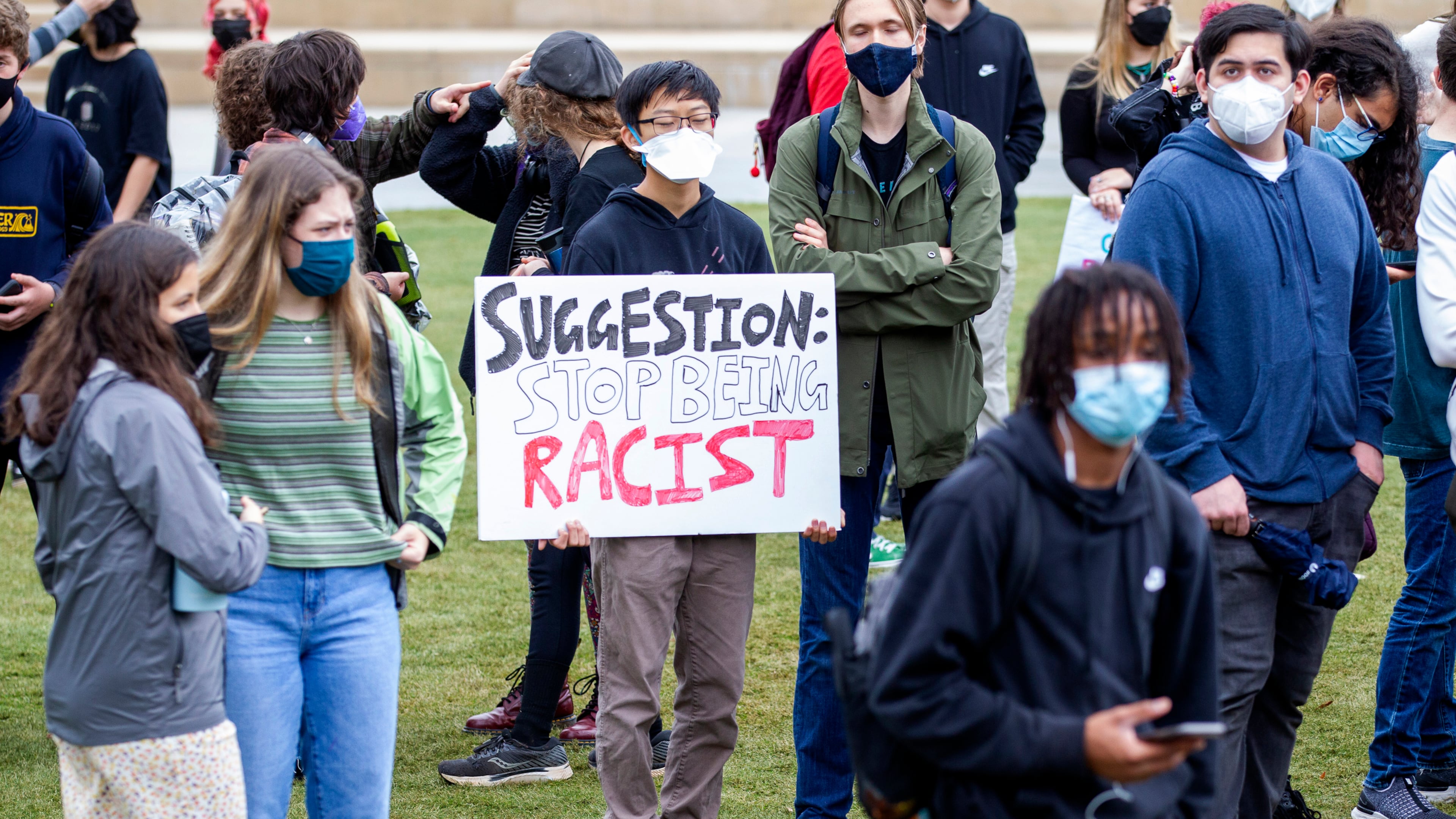 Students protest what they call censorship legislation at Liberty Plaza near the Capitol Friday, Feb. 25, 2022. The Georgia Senate approved controversial legislation Friday that bans certain ways of talking about race in K-12 classrooms. (Steve Schaefer for The Atlanta Journal-Constitution)