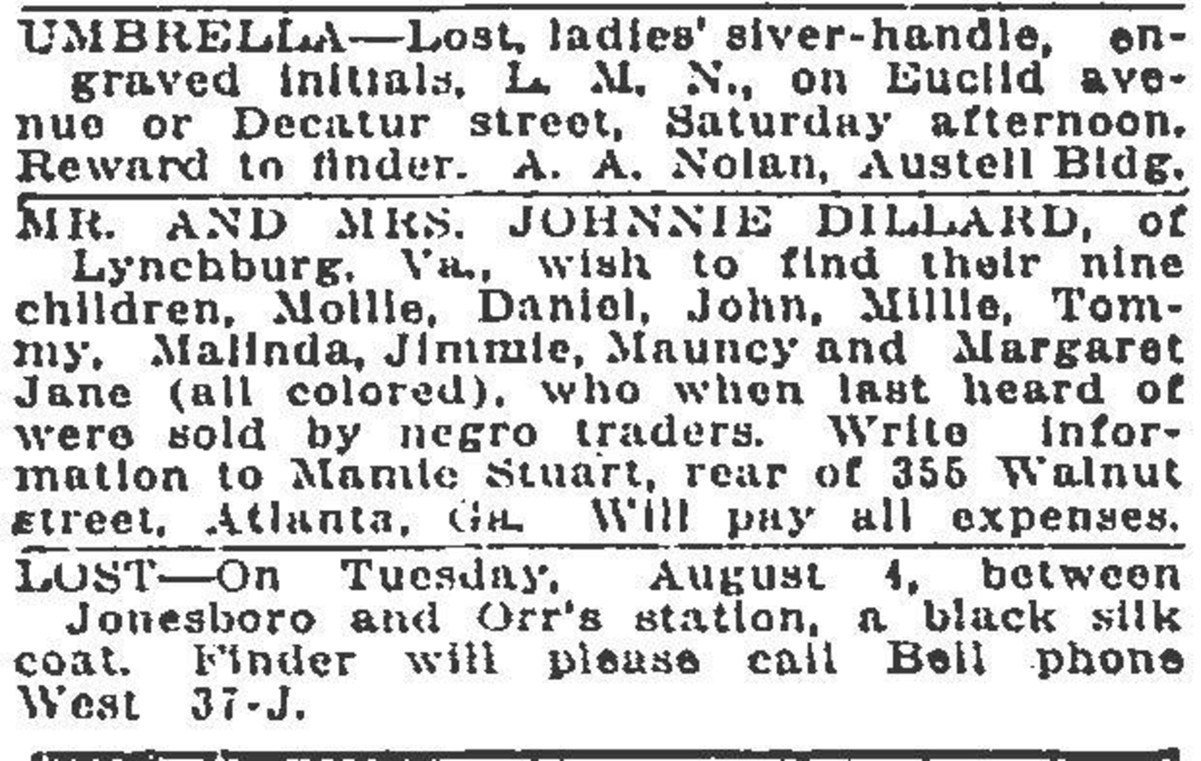 A desperate ad to find relatives appears in the "lost and found" section of the Atlanta Constitution in 1917 (Atlanta Journal-Constitution Archive)