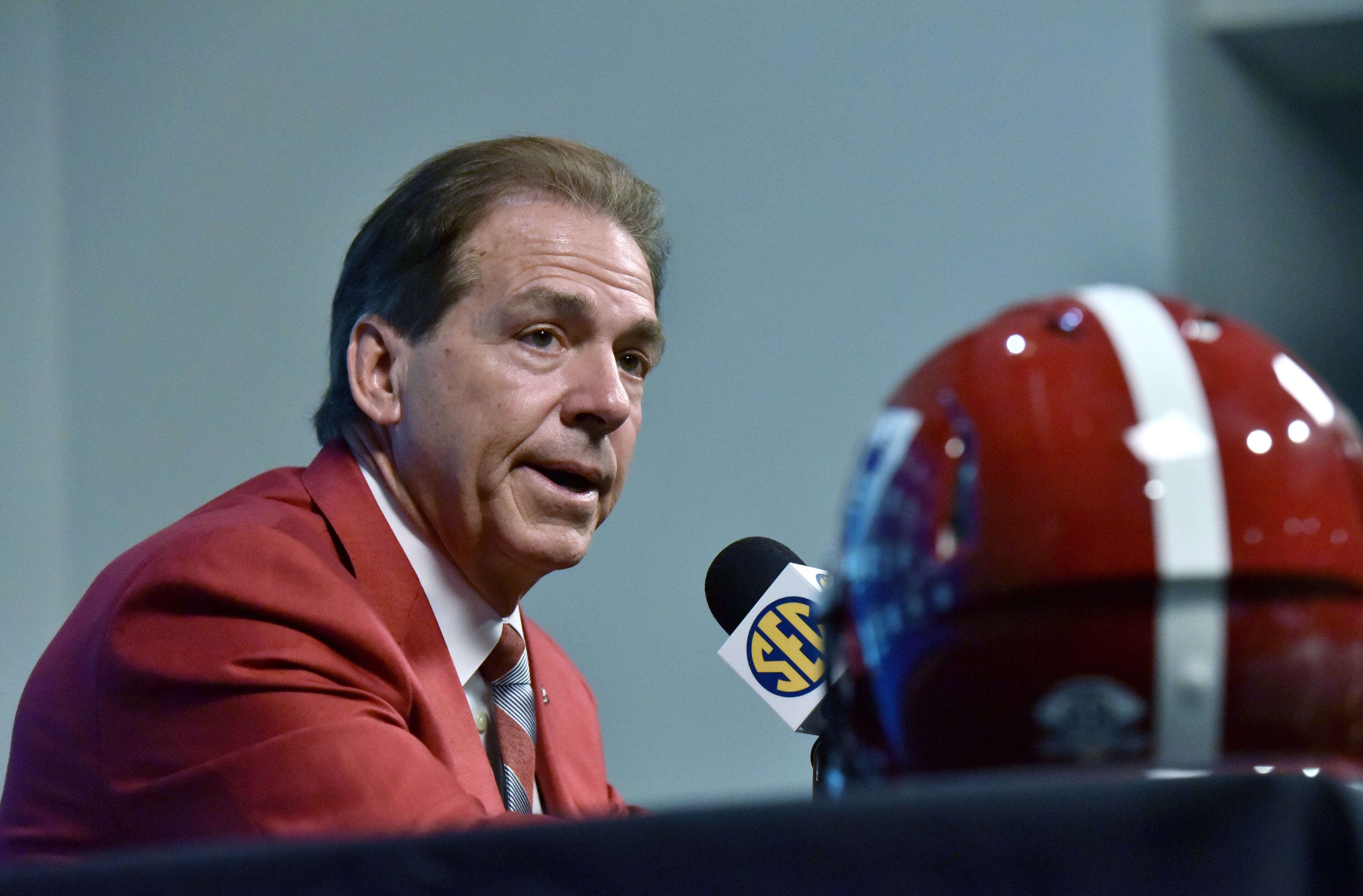 November 30, 2018 Atlanta - Alabama Head Coach Nick Saba speaks during a SEC press conference at Mercedes-Benz Stadium on Friday, November 30, 2018. HYOSUB SHIN / HSHIN@AJC.COM