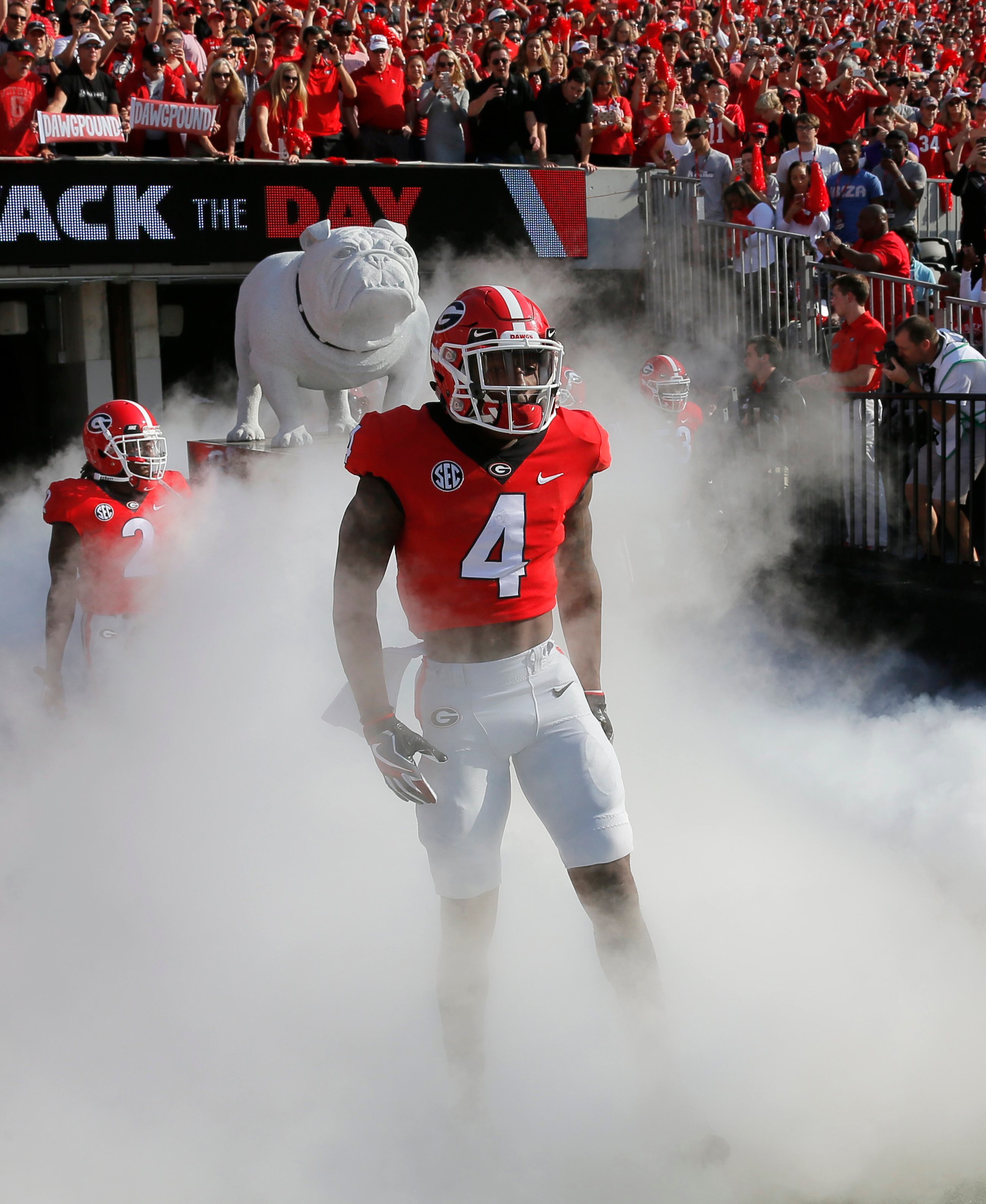 11/4/17 - Athens - Georgia Bulldogs wide receiver Mecole Hardman (4) takes the field before the game. He scored one of Georgia's TDs. NCAA football game between the University of Georgia Bulldogs and the University of South Carolina Gamecocks BOB ANDRES /BANDRES@AJC.COM