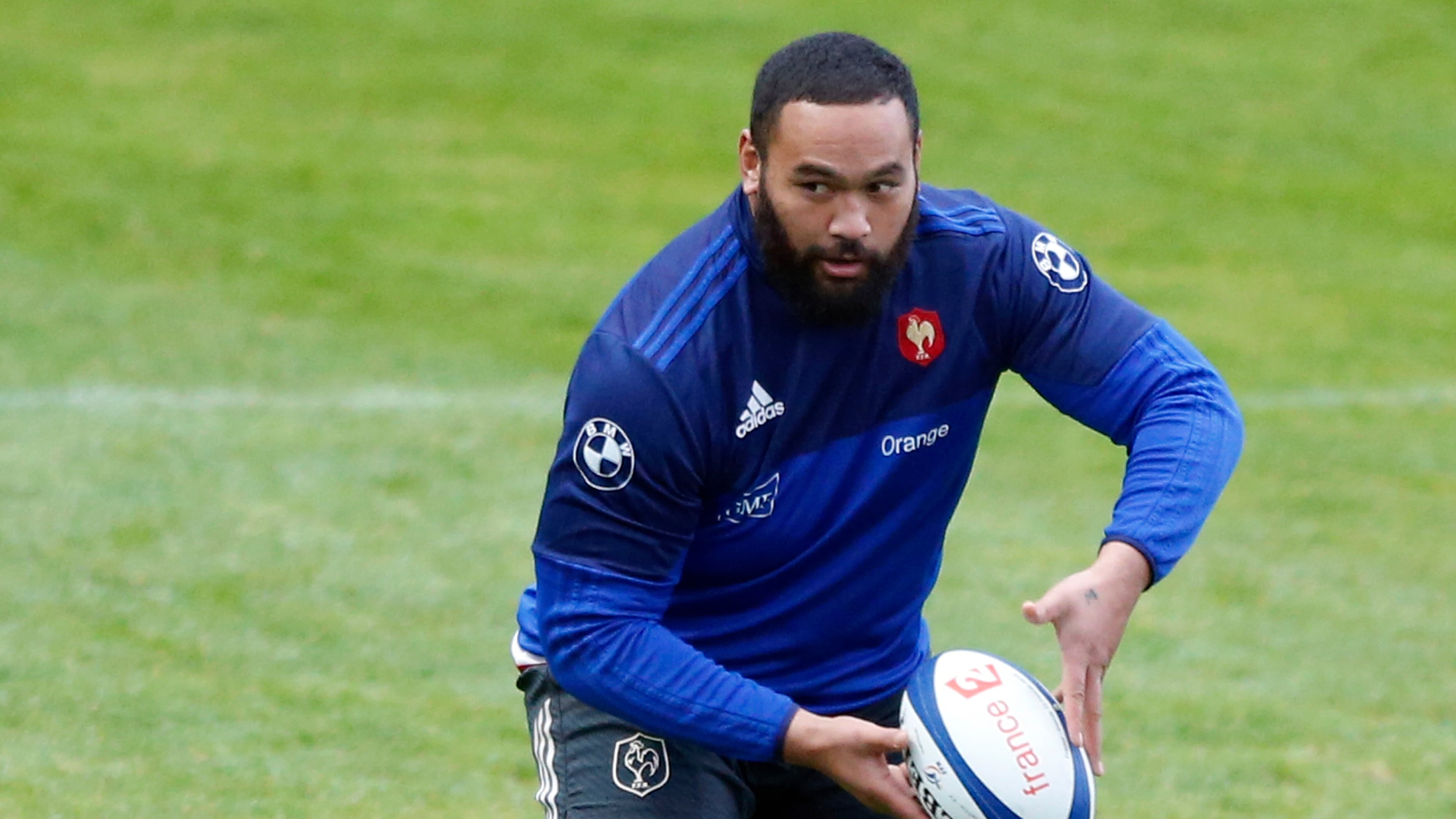 FILE -France's rugby player Uini Atonio attends a training session at the National Rugby Center in Marcoussis, south of Paris, Feb. 23, 2016. (AP Photo/Francois Mori, File)