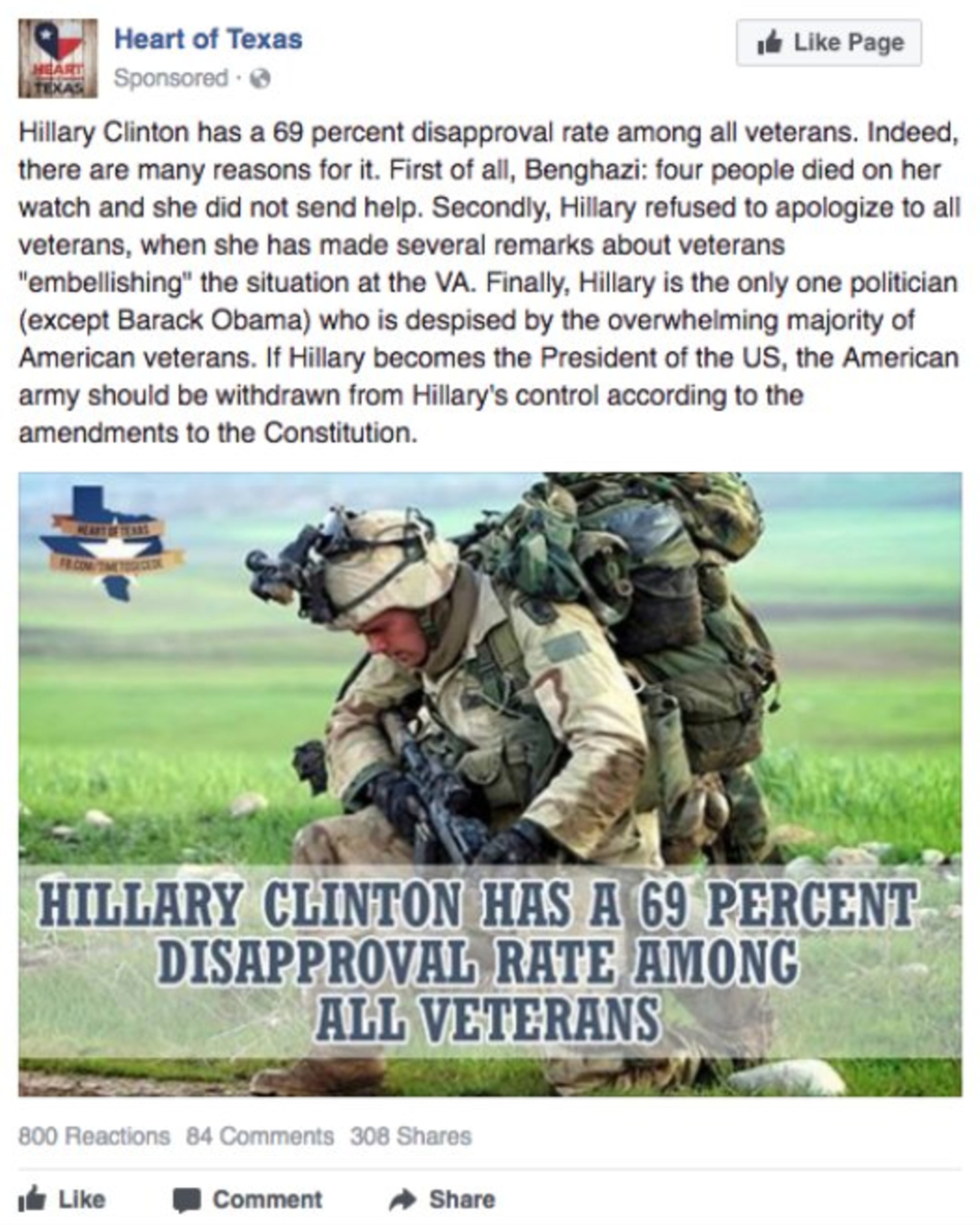 A Russian-made group called “Heart of Texas” targets veteran supporters and attacks Hillary Clinton.