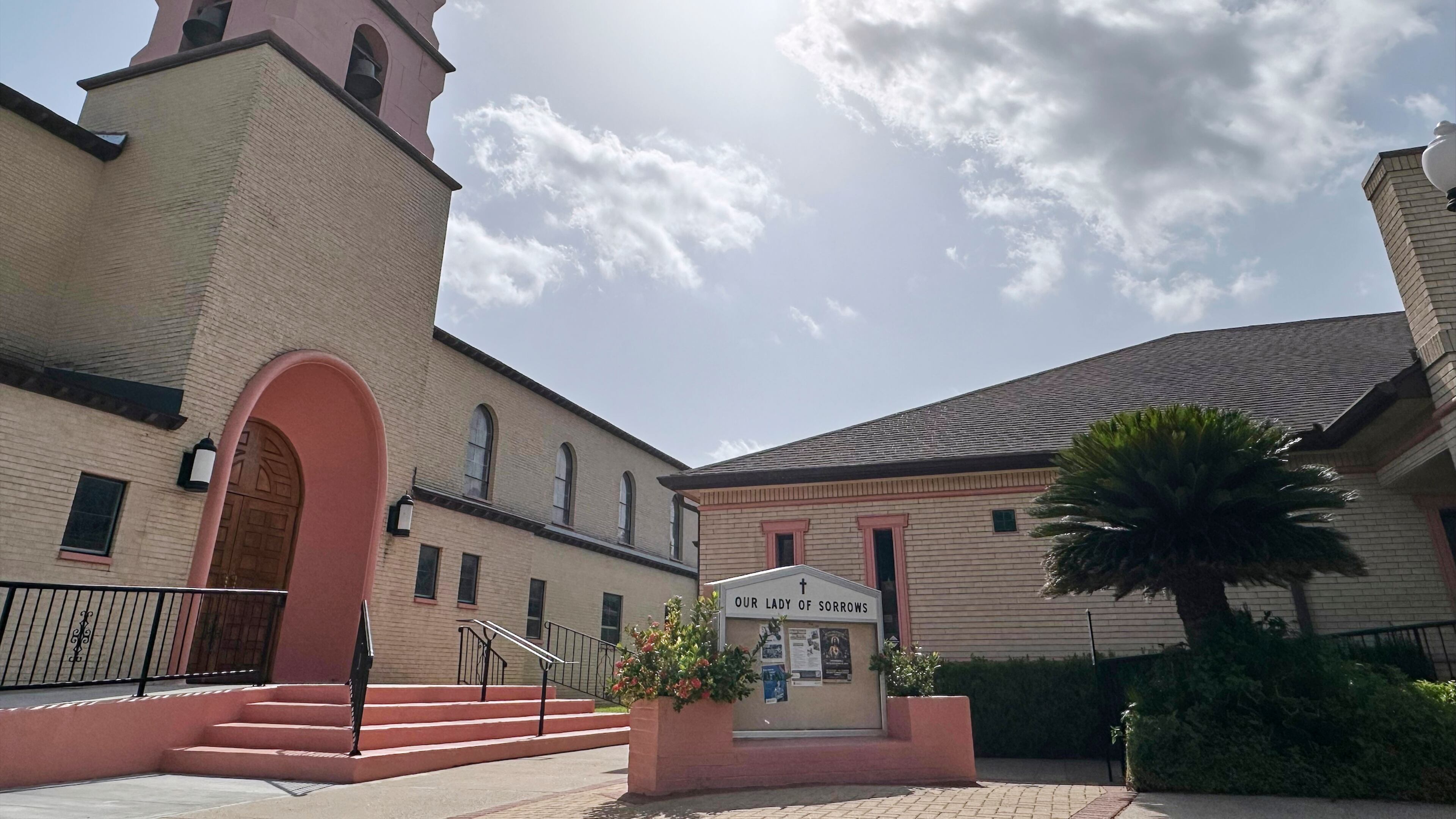 The sun beams over the Our Lady of Sorrows Church in McAllen, Texas, Monday, June 29, 2026. (AP Photo/Valerie Gonzalez)