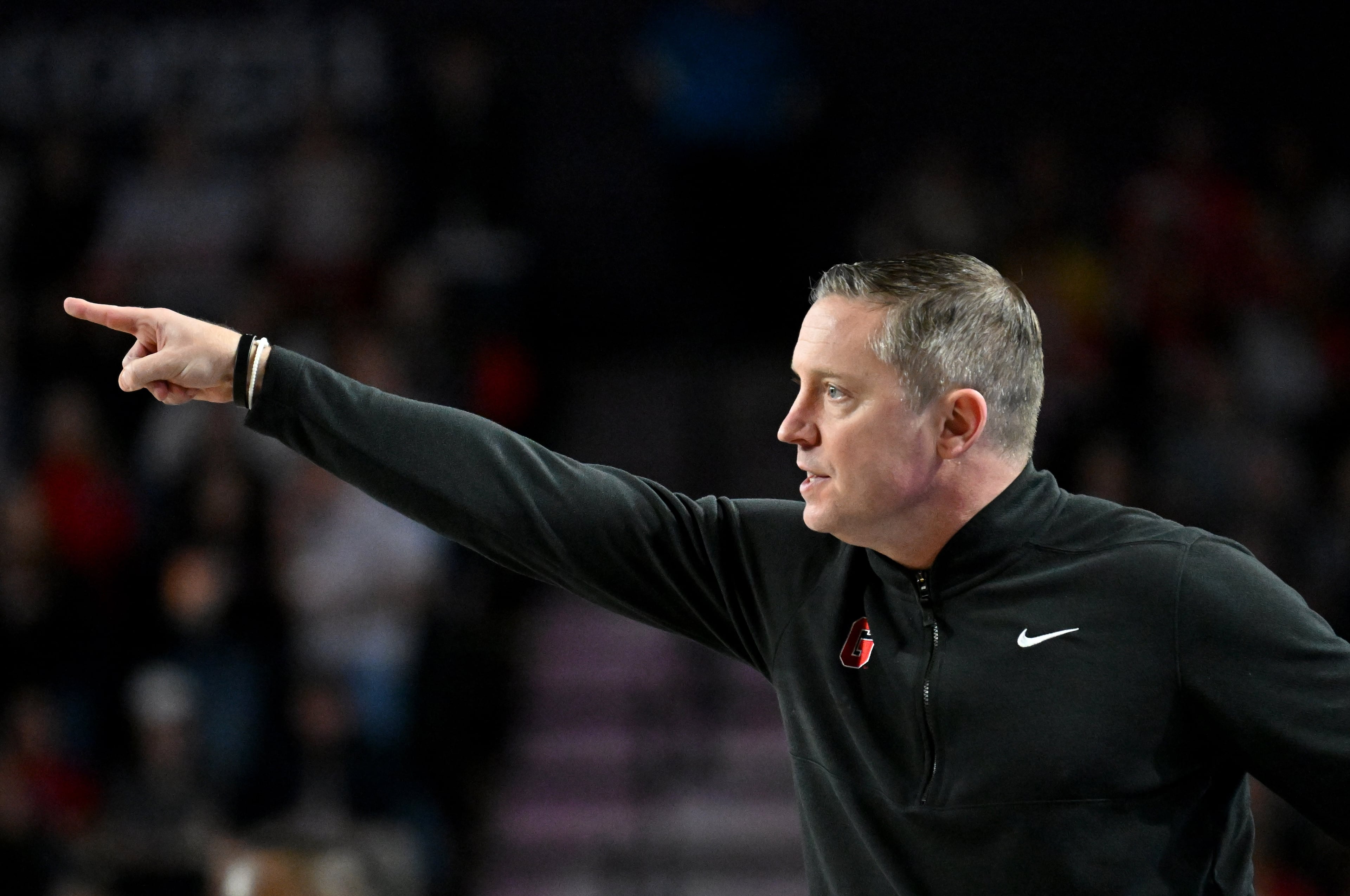 Georgia head coach Mike White shouts instructions during the second half in an NCAA college basketball game at Stegeman Coliseum, Saturday, Jan. 17, 2026, in Athens. Georgia won 90-76 over Arkansas. (Hyosub Shin/AJC)
