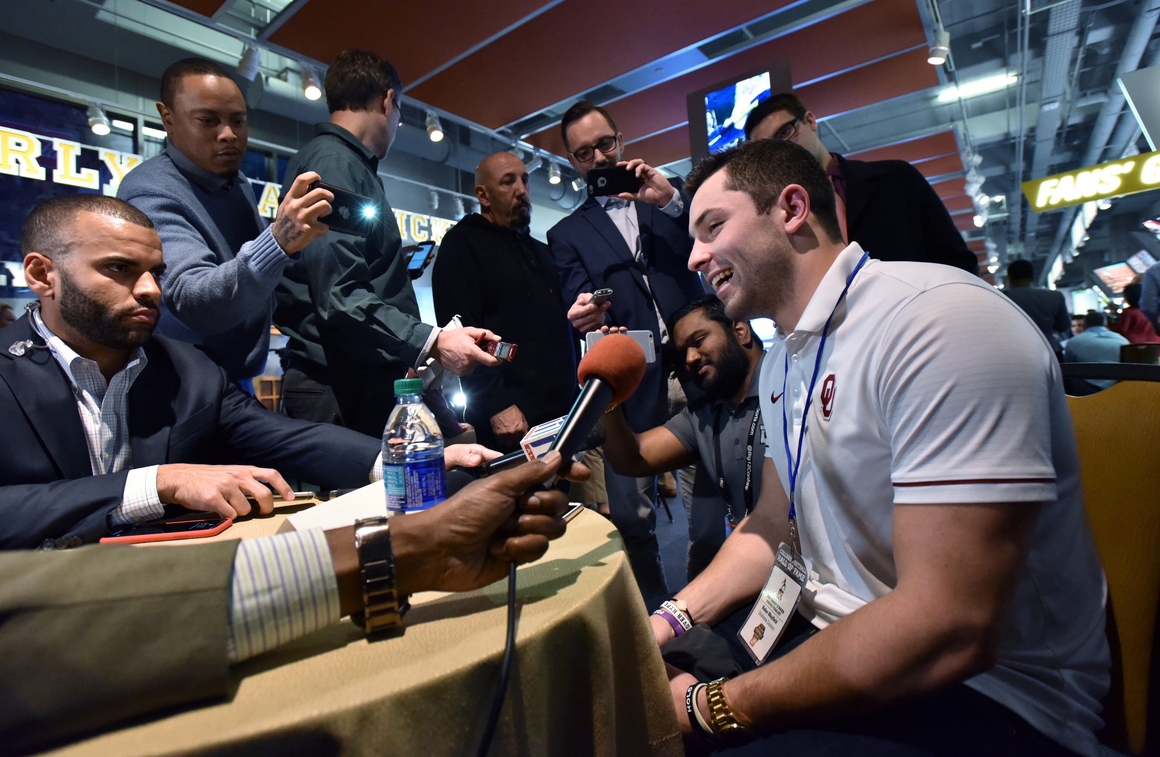 December 6, 2017 Atlanta - Oklahoma quarterback Baker Mayfield speaks to members of the press a day before the "College Football Awards" show at College Football Hall of Fame on Wednesday, December 6, 2017. HYOSUB SHIN / HSHIN@AJC.COM