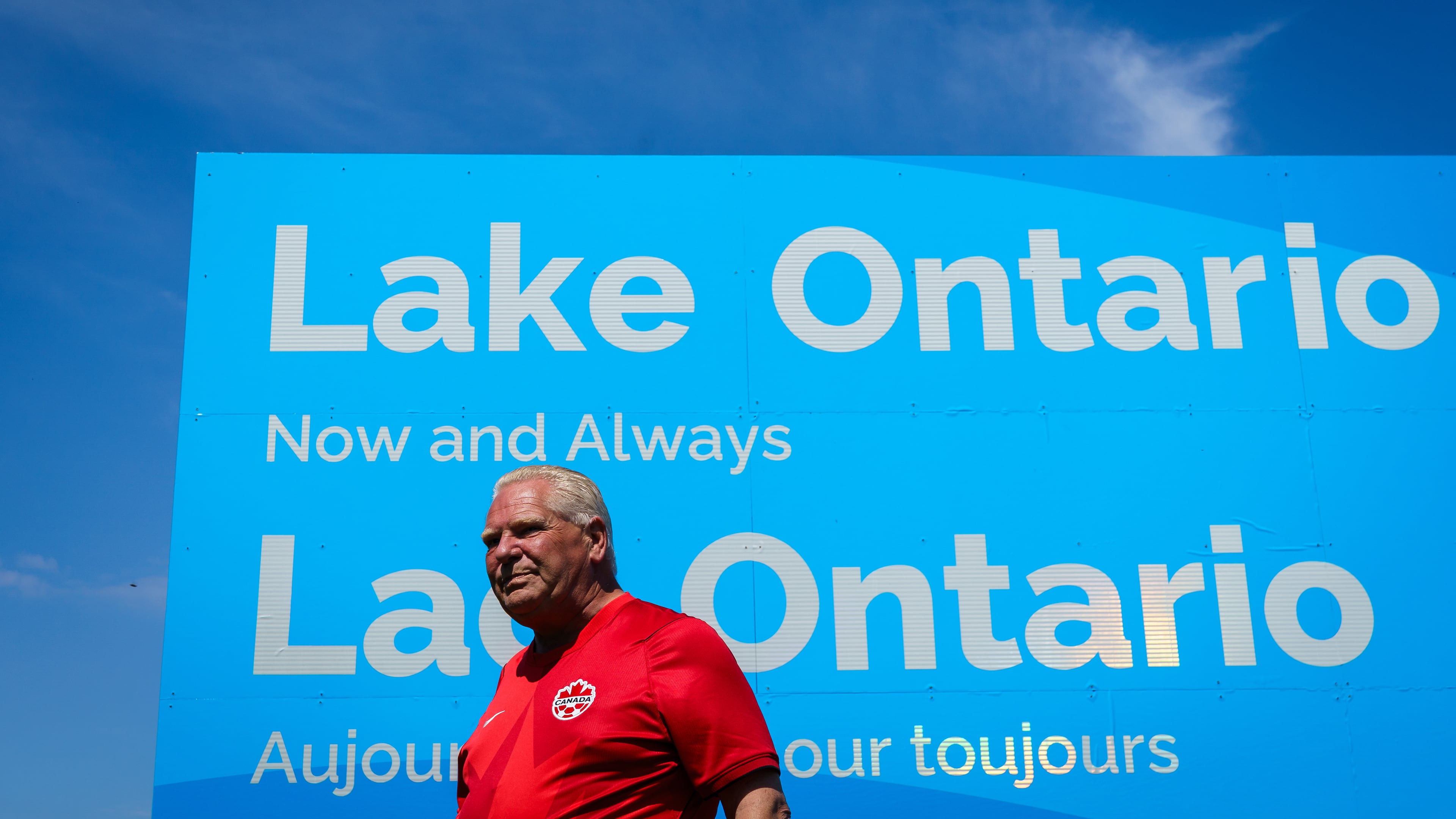 Ontario Premier Doug Ford unveils a sign for Lake Ontario at Fifty Point Conservation Area in Grimsby, Ontario, Canada, on Saturday, Aug. 29, 2026. (Keito Newman/The Canadian Press via AP)