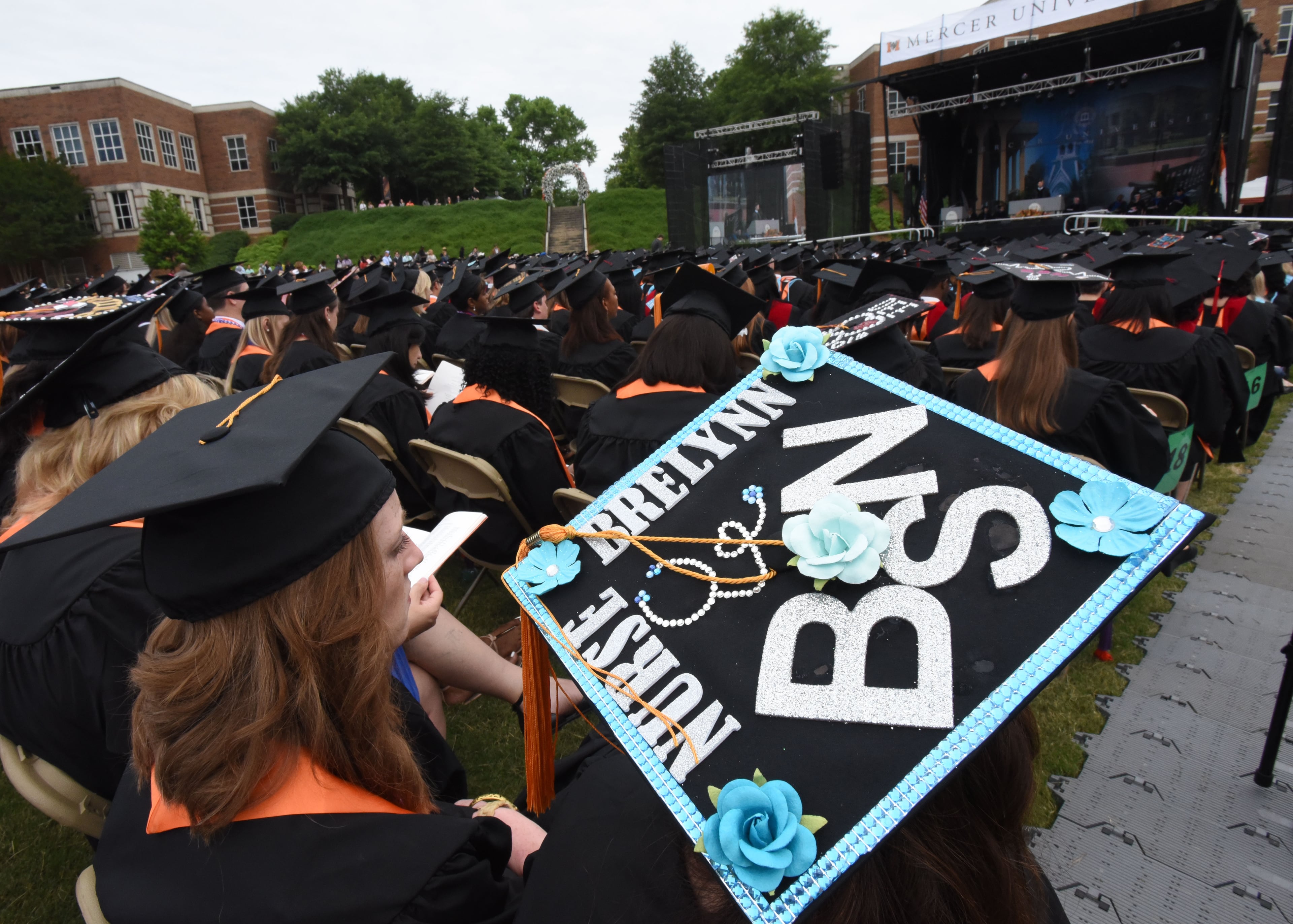 May 16, 2015 Atlanta - Mercer University students personalized their mortar boards during Mercer University's Atlanta campus commencement on Saturday, May 16, 2015. More than 1,800 students will graduate in five Mercer University commencements during May in Macon, Atlanta and Savannah. Atlanta campus commencement was the largest of Mercer University's five commencement ceremonies. About 978 graduates received degrees. HYOSUB SHIN / HSHIN@AJC.COM