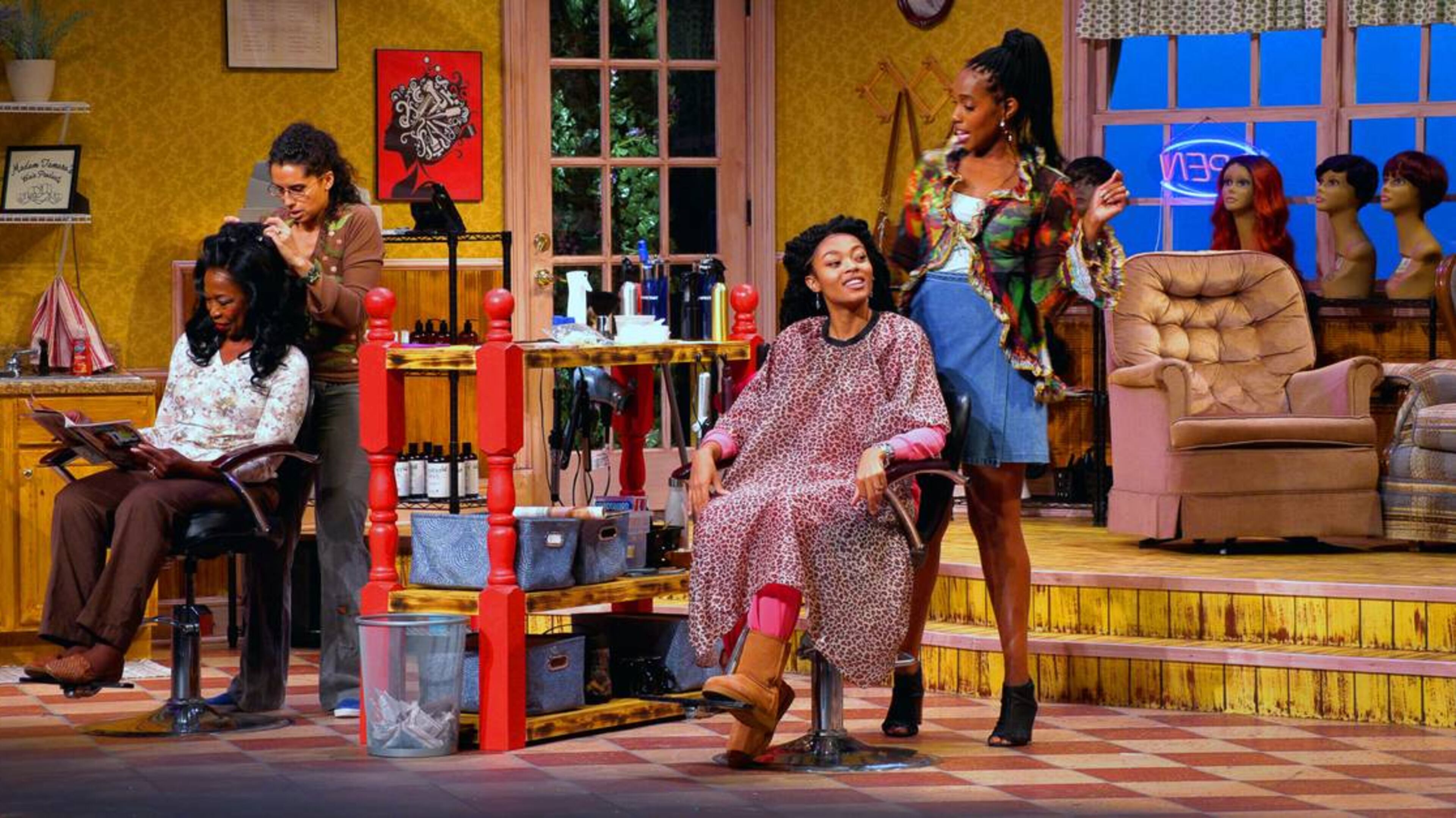 Vanessa “VJ” Roberts (M’Lynn),Courtney Locke (Annelle), Aleigha Burt (Shelby), and Chelcy Cutwright (Truvy), rehearse Wednesday for the Springer Opera House production of “Steel Magnolias.” (Courtesy of Mike Haskey)