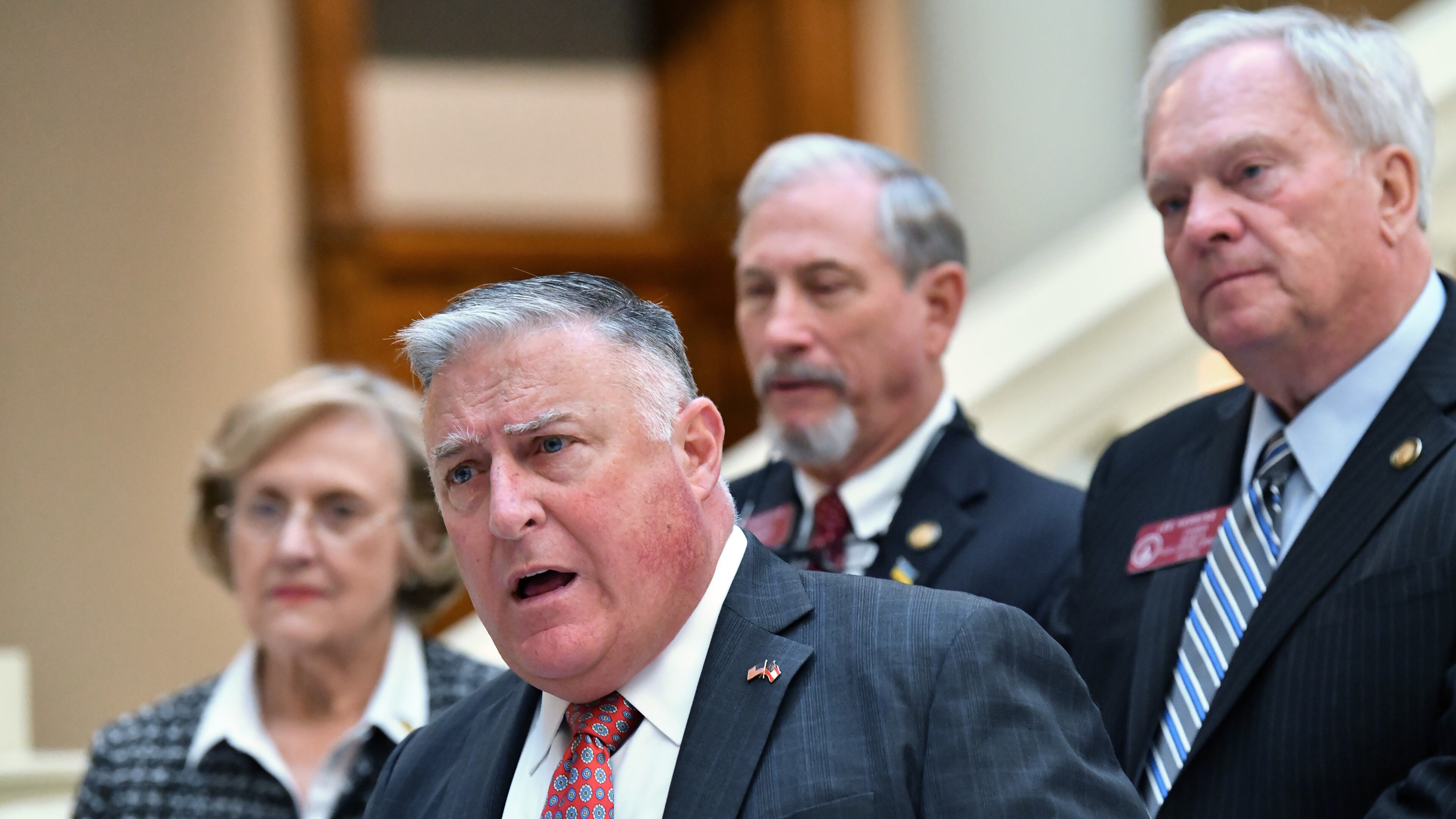 March 29, 2022 Atlanta - Georgia Commissioner of Insurance and Safety Fire John King speaks to members of the press during a press conference at the Georgia State Capitol on Tuesday, March 29, 2022. The state of Georgia has fined Anthem/Blue Cross Blue Shield $5 million. (Hyosub Shin / Hyosub.Shin@ajc.com)