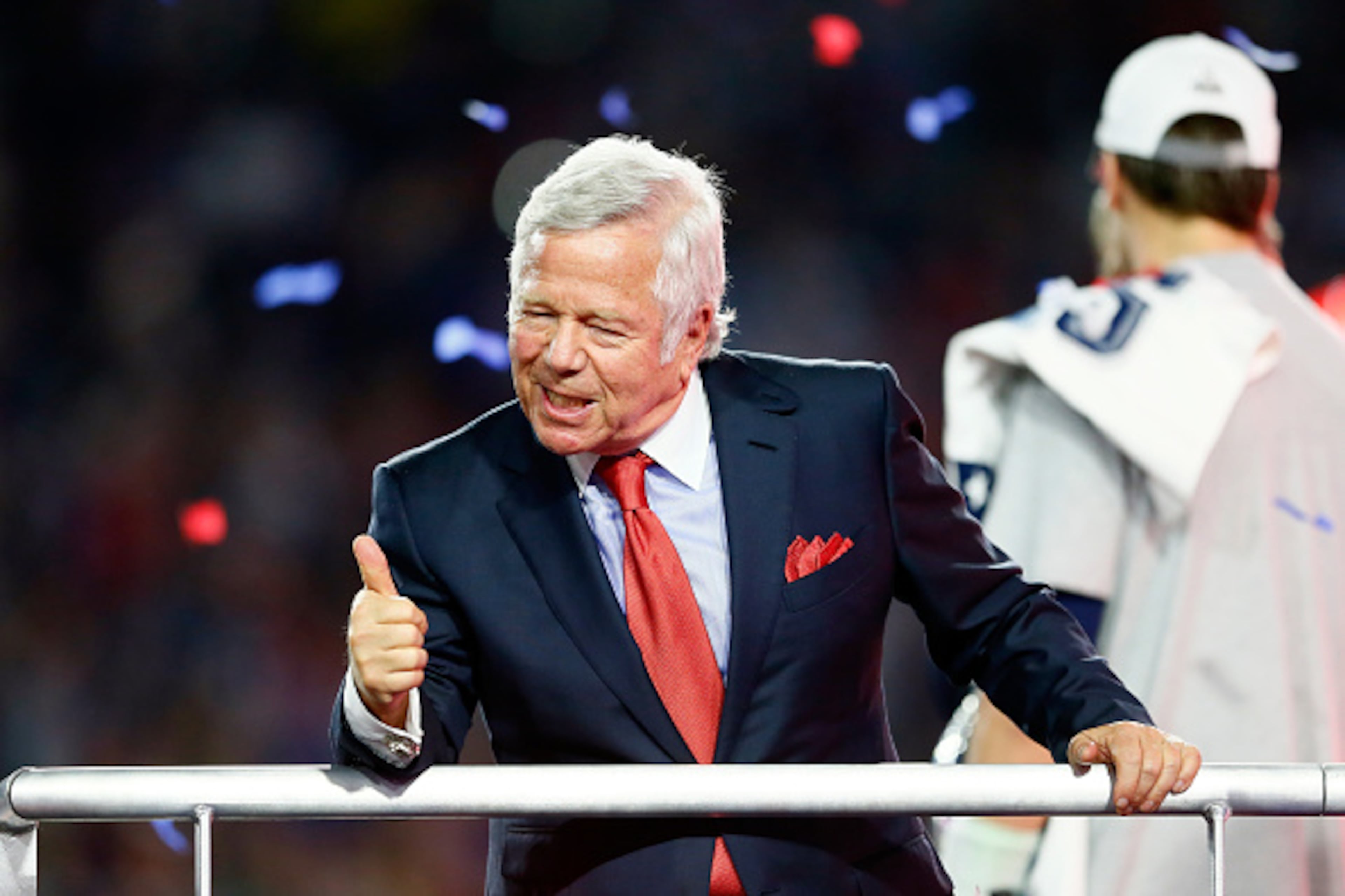 GLENDALE, AZ - FEBRUARY 01: New England Patriots owner Robert Kraft celebrates after defeating the Seattle Seahawks during Super Bowl XLIX at University of Phoenix Stadium on February 1, 2015 in Glendale, Arizona. The Patriots defeated the Seahawks 28-24. (Photo by Kevin C. Cox/Getty Images)
