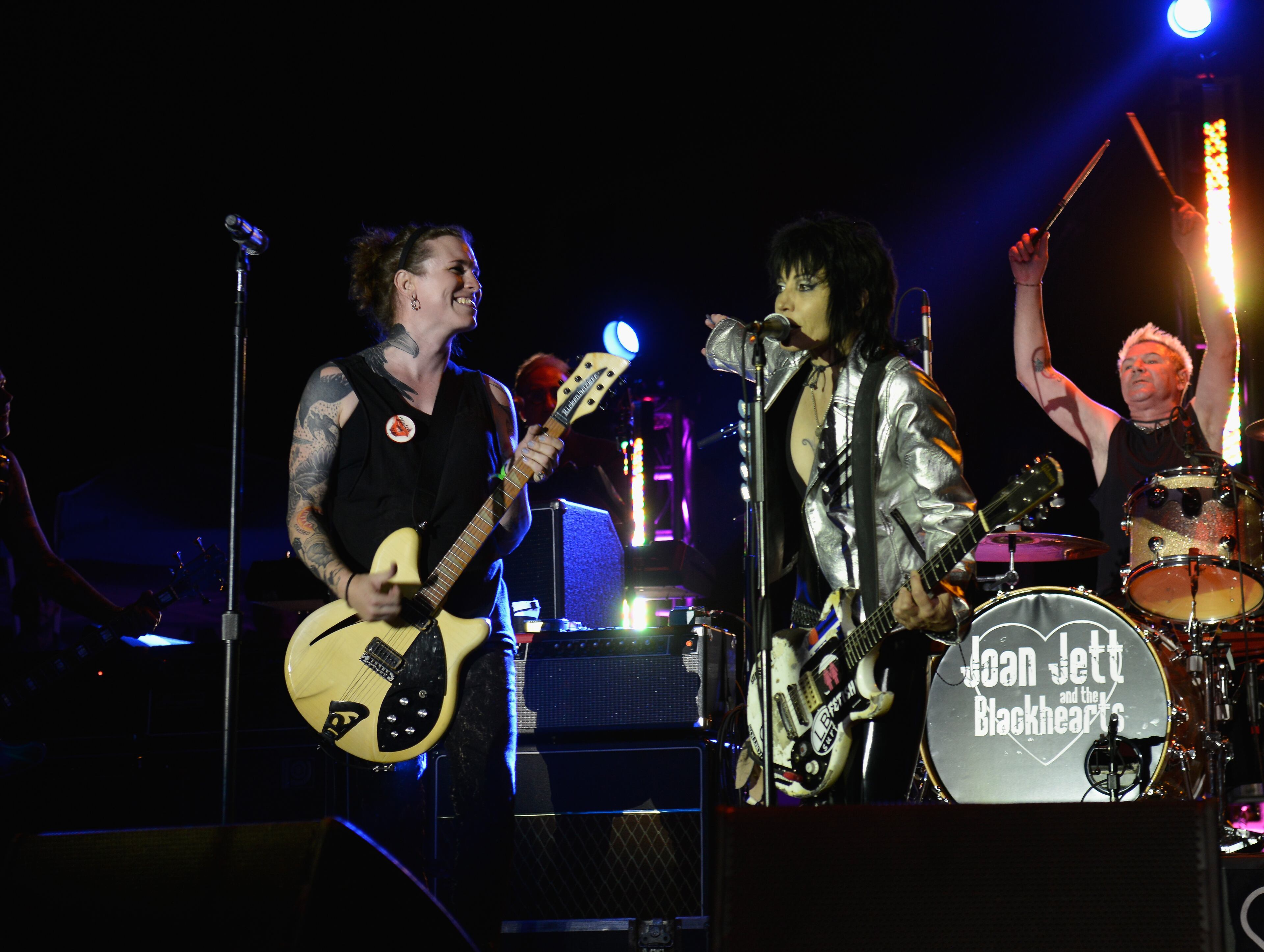 CLEVELAND, OH - JULY 21: Joan Jett (R)and Laura Jane Grace performance together at the 2014 Gibson Brands AP Music Awards at the Rock and Roll Hall of Fame and Museum on July 21, 2014 in Cleveland, Ohio. (Photo by Duane Prokop/Getty Images)