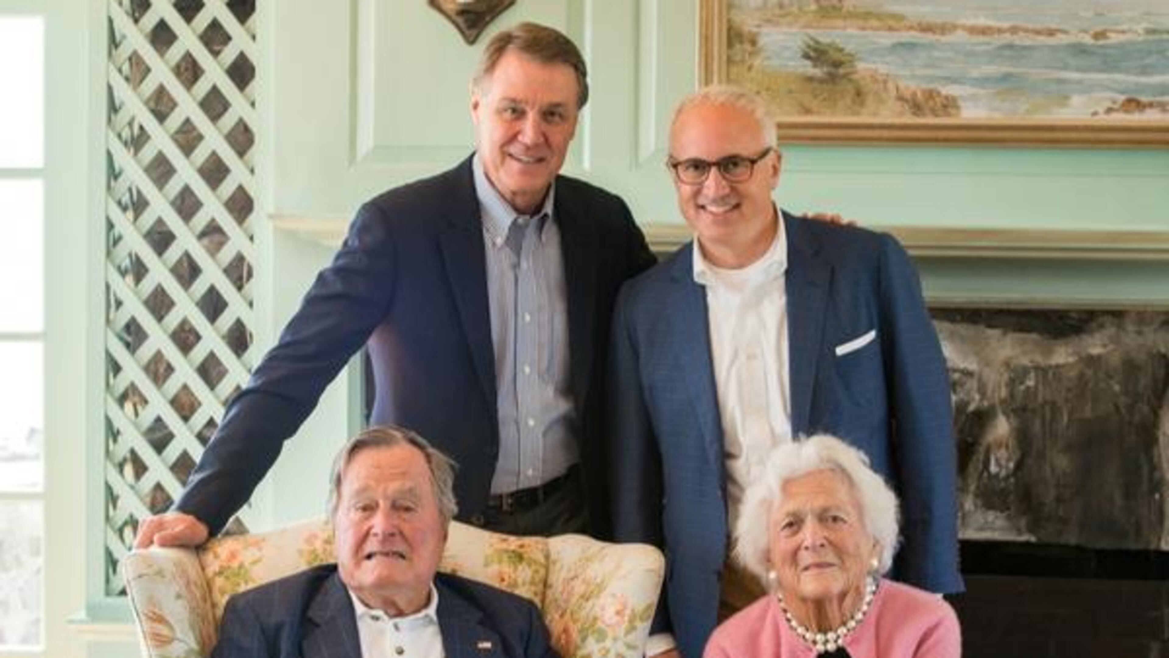 Eric Tanenblatt, top right, and Sen. David Perdue stood behind George and Barbara Bush in Kennebunkport, Maine.