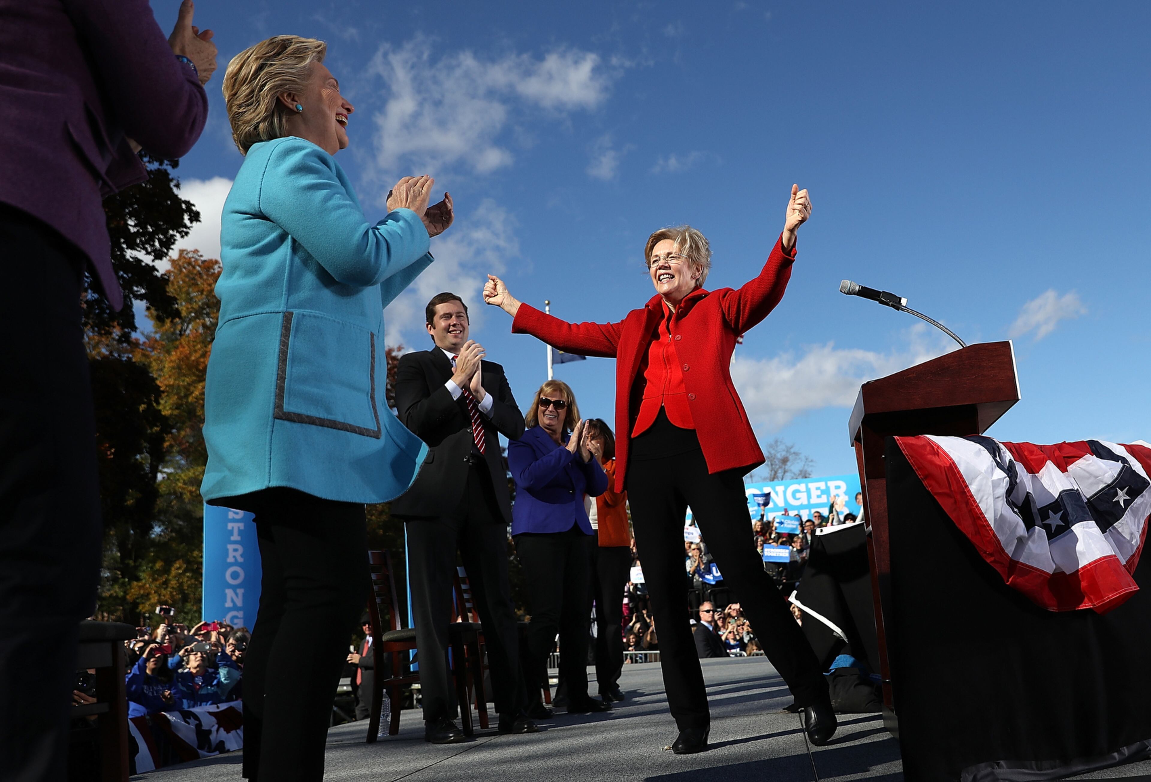 MANCHESTER, NH - OCTOBER 24: U.S. Sen. Elizabeth Warren (D-MA) (R) greets democratic presidential nominee former Secretary of State Hillary Clinton during a campaign rally at Saint Anselm College on October 24, 2016 in Manchester, New Hampshire. With just over two weeks to go until the election, Hillary Clinton is campaigning in New Hampshire. (Photo by Justin Sullivan/Getty Images) *** BESTPIX ***