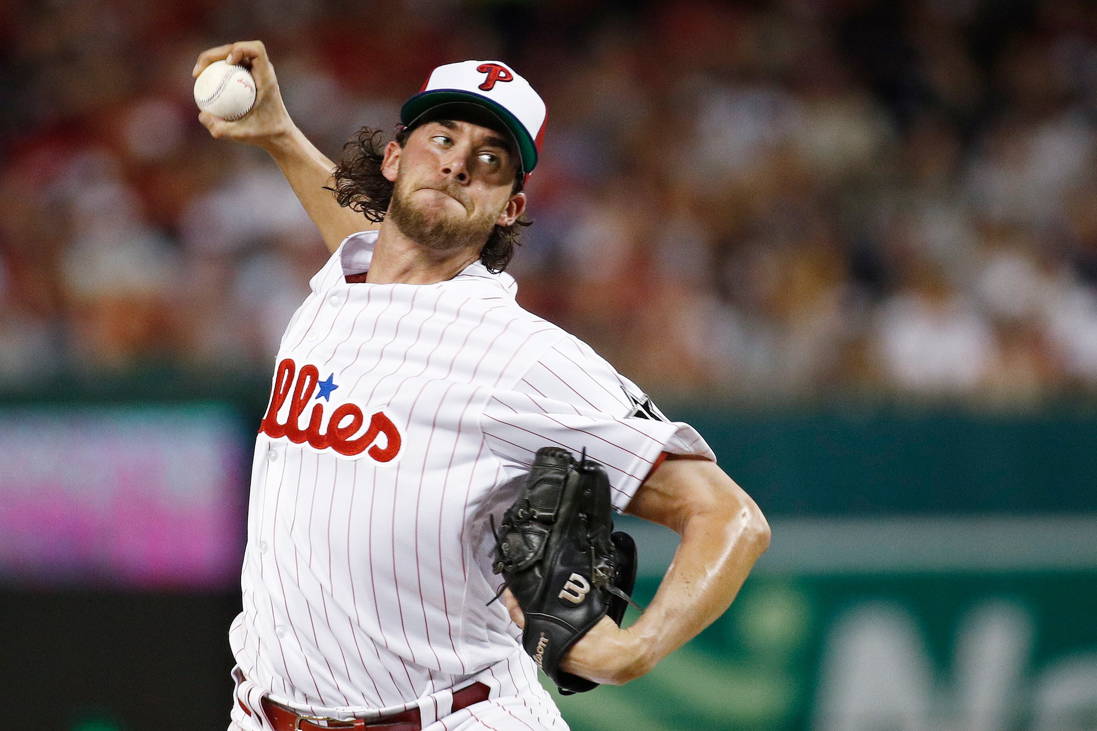 Philadelphia Phillies pitcher Aaron Nola (27) works during the fifth inning at the Major League Baseball All-star Game, Tuesday, July 17, 2018 in Washington. (AP Photo/Patrick Semansky)