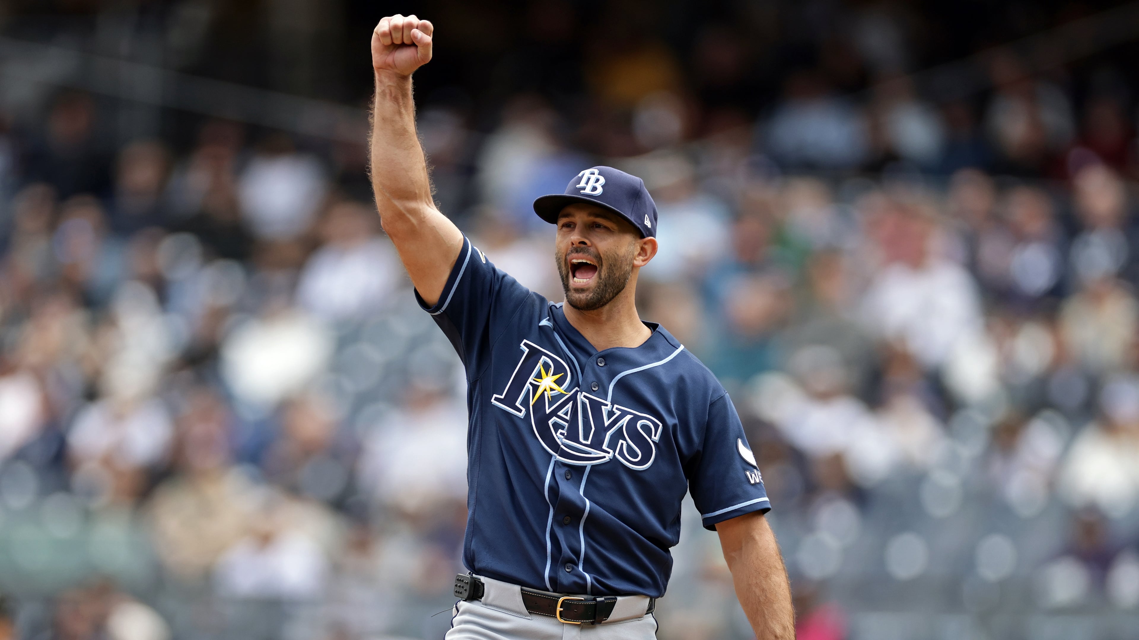 Tampa Bay Rays starting pitcher Nick Martinez reacts in the fifth inning during the first baseball game of a doubleheader against the New York Yankees, Tuesday, Sept. 22, 2026, in New York. (AP Photo/Adam Hunger)