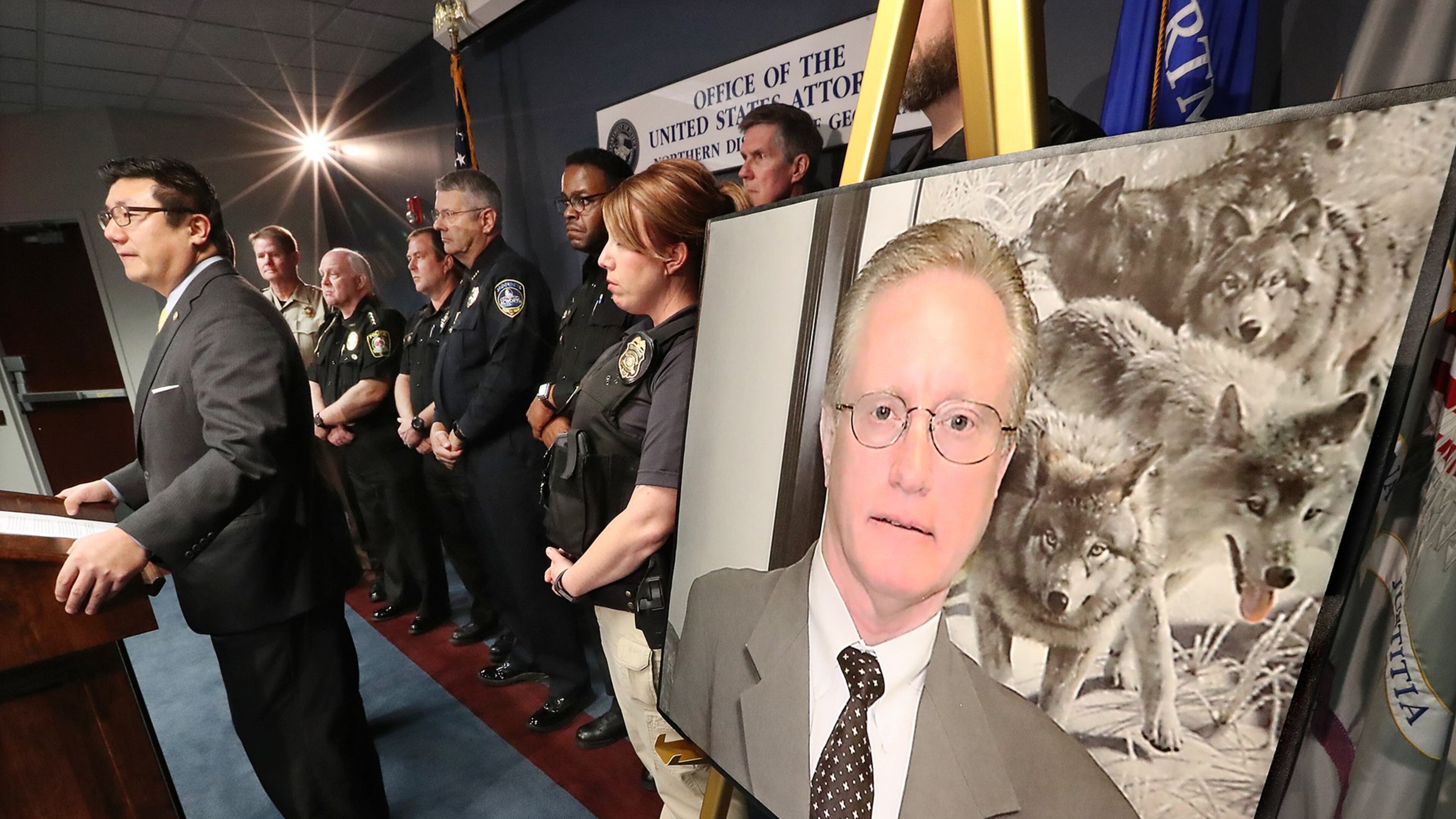March 1, 2018 Atlanta: U.S. Attorney Byung J. “BJay” Pak and law enforcement officials announce that Dr. Joseph L. Burton (seen in displayed photo) has been indicted along with seven other individuals by a federal grand jury on charges of illegal distribution of opioid painkillers and other drugs at the Richard Russell Federal Courthouse on Thursday, March 1, 2018, in Atlanta. Curtis Compton/ccompton@ajc.com