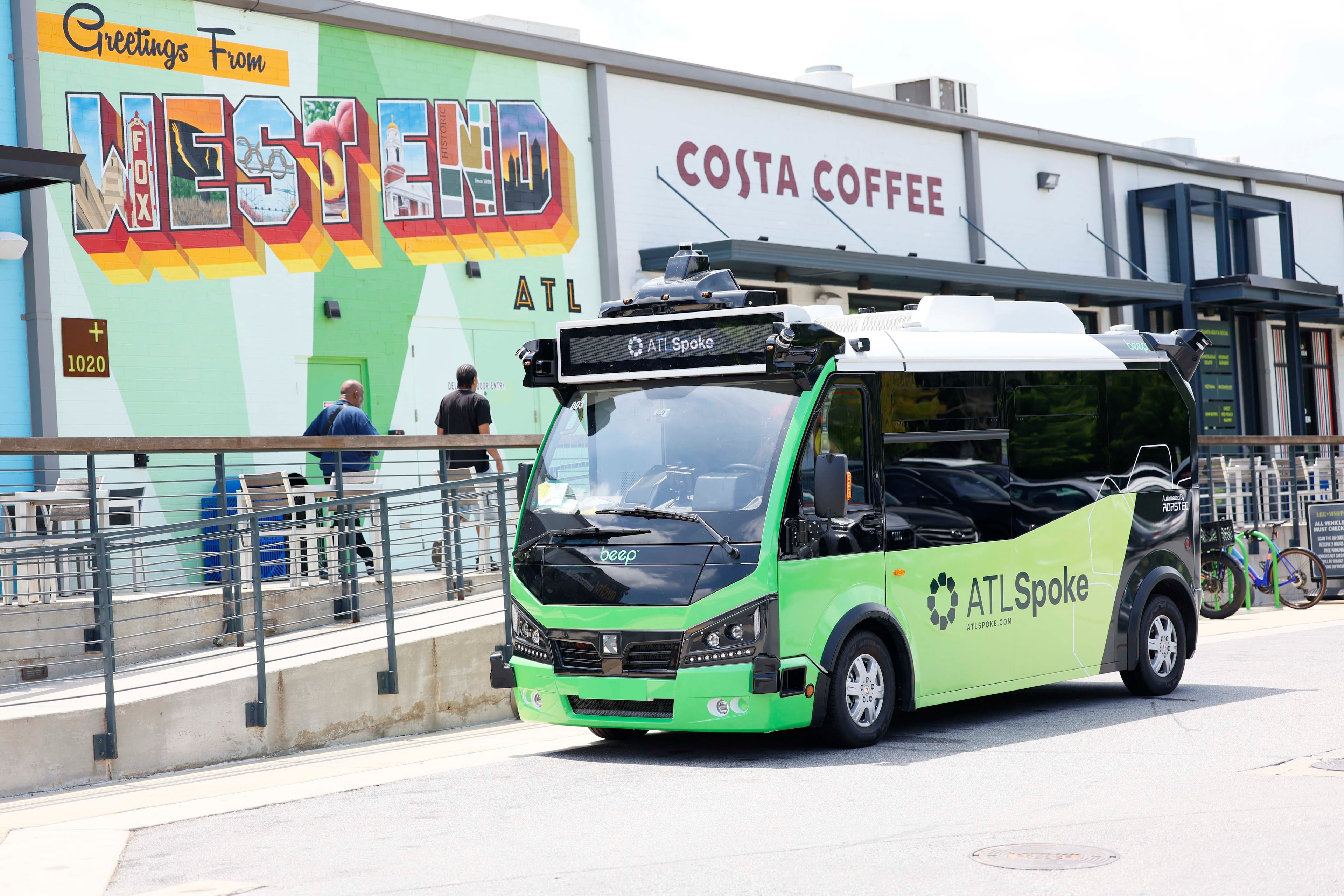 An ATL Spoke bus, part of an autonomous pilot bus program, arrives at the Lee + White District on Monday, June 1, 2026. The initial route connects the Beltline Southwest Trail with MARTA Rail. There are stops at MARTA West End Station, Joseph E. Lowery Blvd at Beecher Street, and two stops within the Lee + White district.
(Miguel Martinez/AJC)