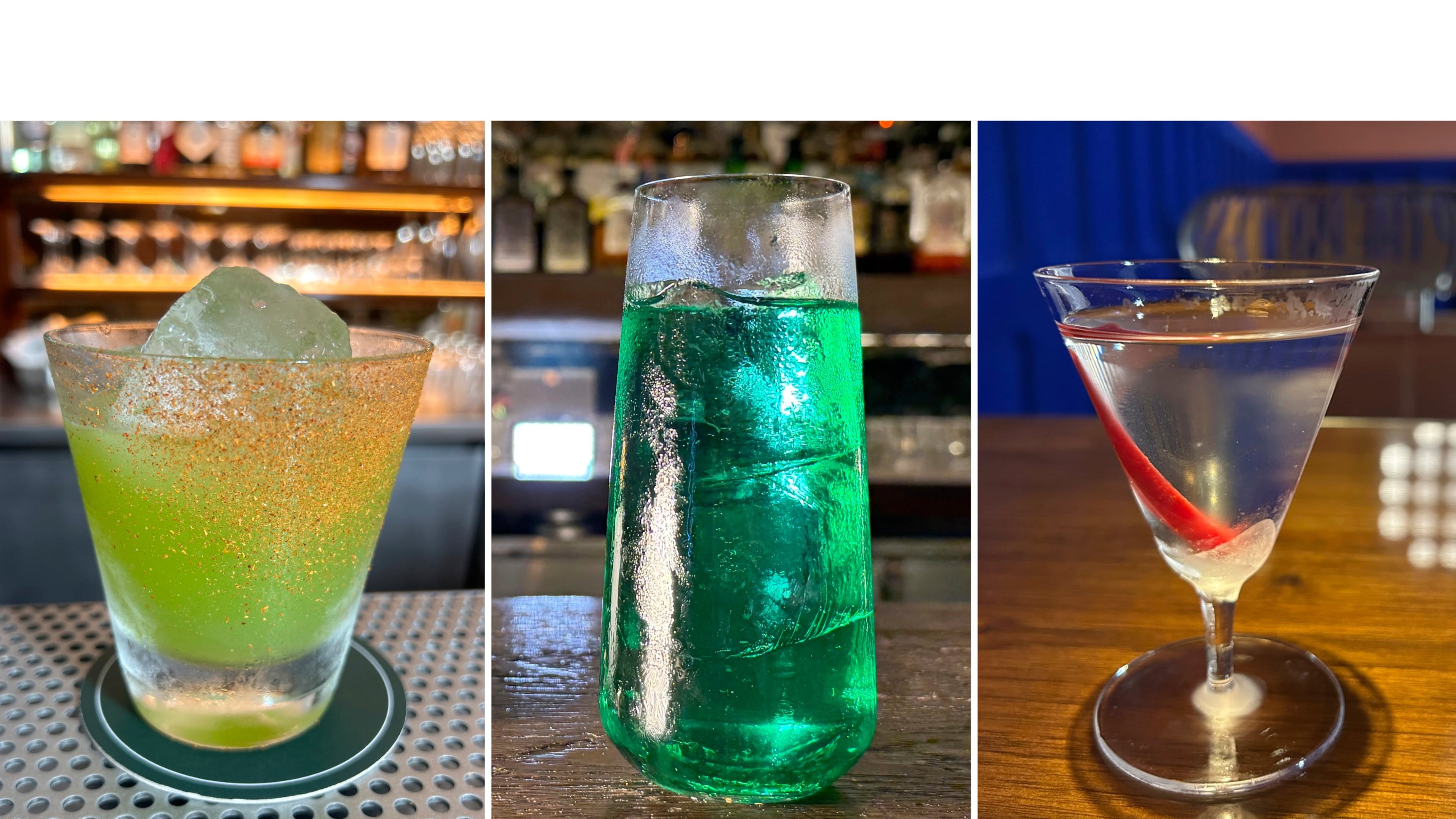 This combination of images shows various spicy cocktails, from left, Bagheera, Doctor Green, and Late Night. (AP Photo)