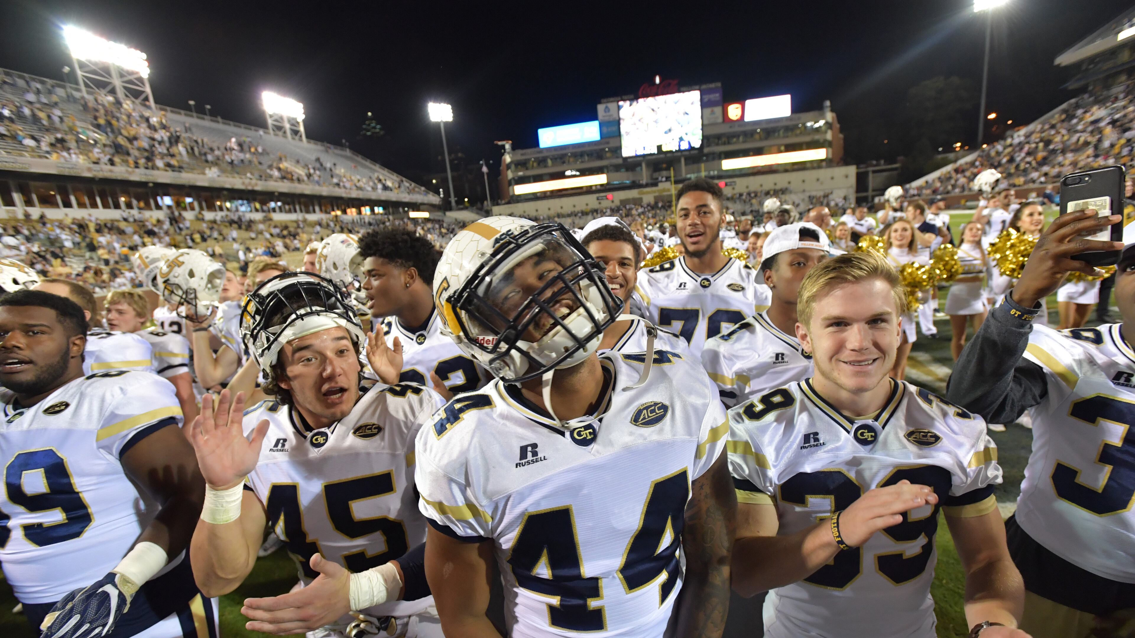 October 21, 2017 Atlanta - Georgia Tech players celebrates a 38-24 victory over the Wake Forest in an NCAA college football game at Bobby Dodd Stadium on Saturday, October 21, 2017. HYOSUB SHIN / HSHIN@AJC.COM