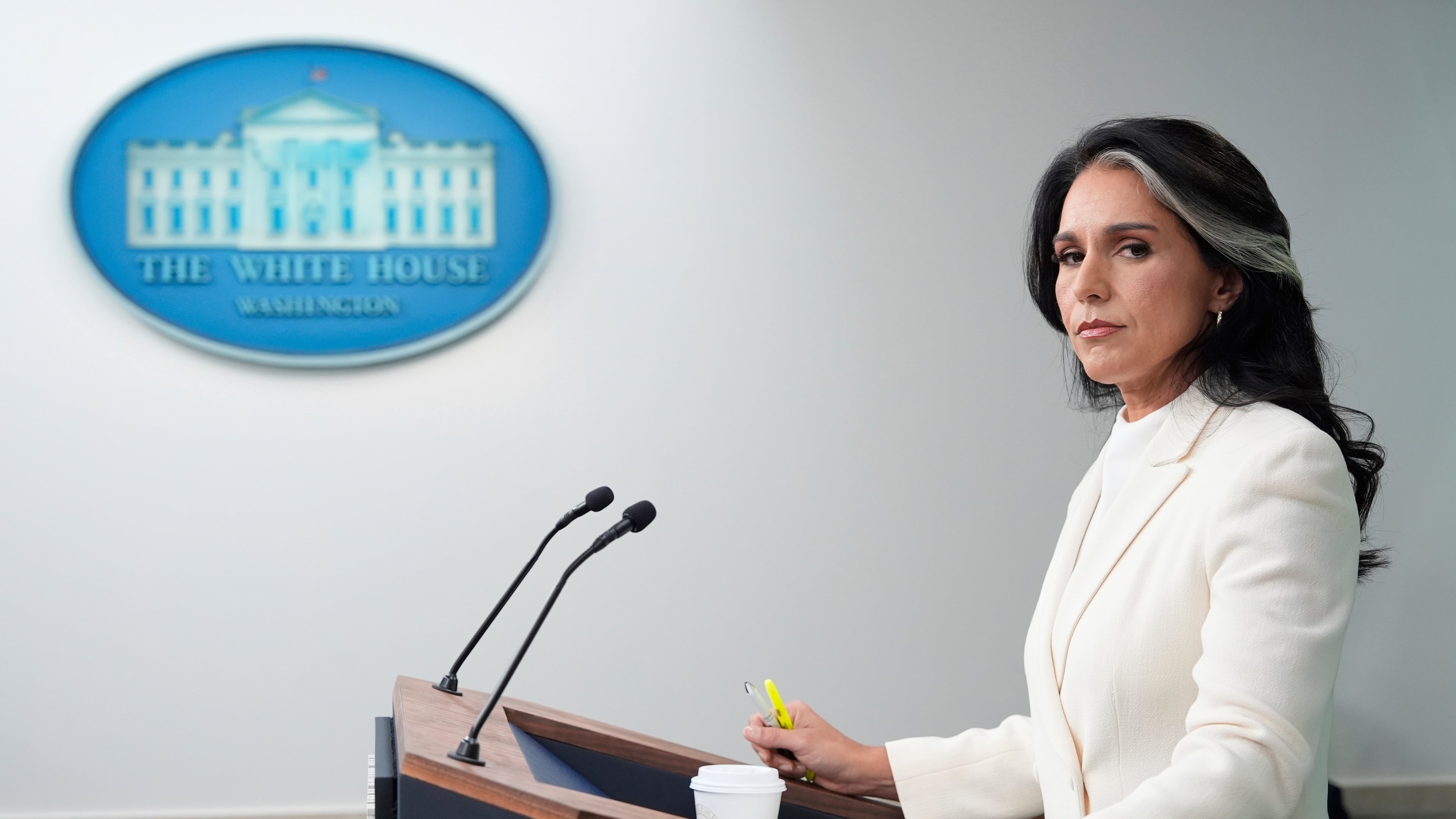 FILE - Director of National Intelligence Tulsi Gabbard speaks with reporters in the James Brady Press Briefing Room at the White House, July 23, 2025, in Washington. (AP Photo/Alex Brandon, File)