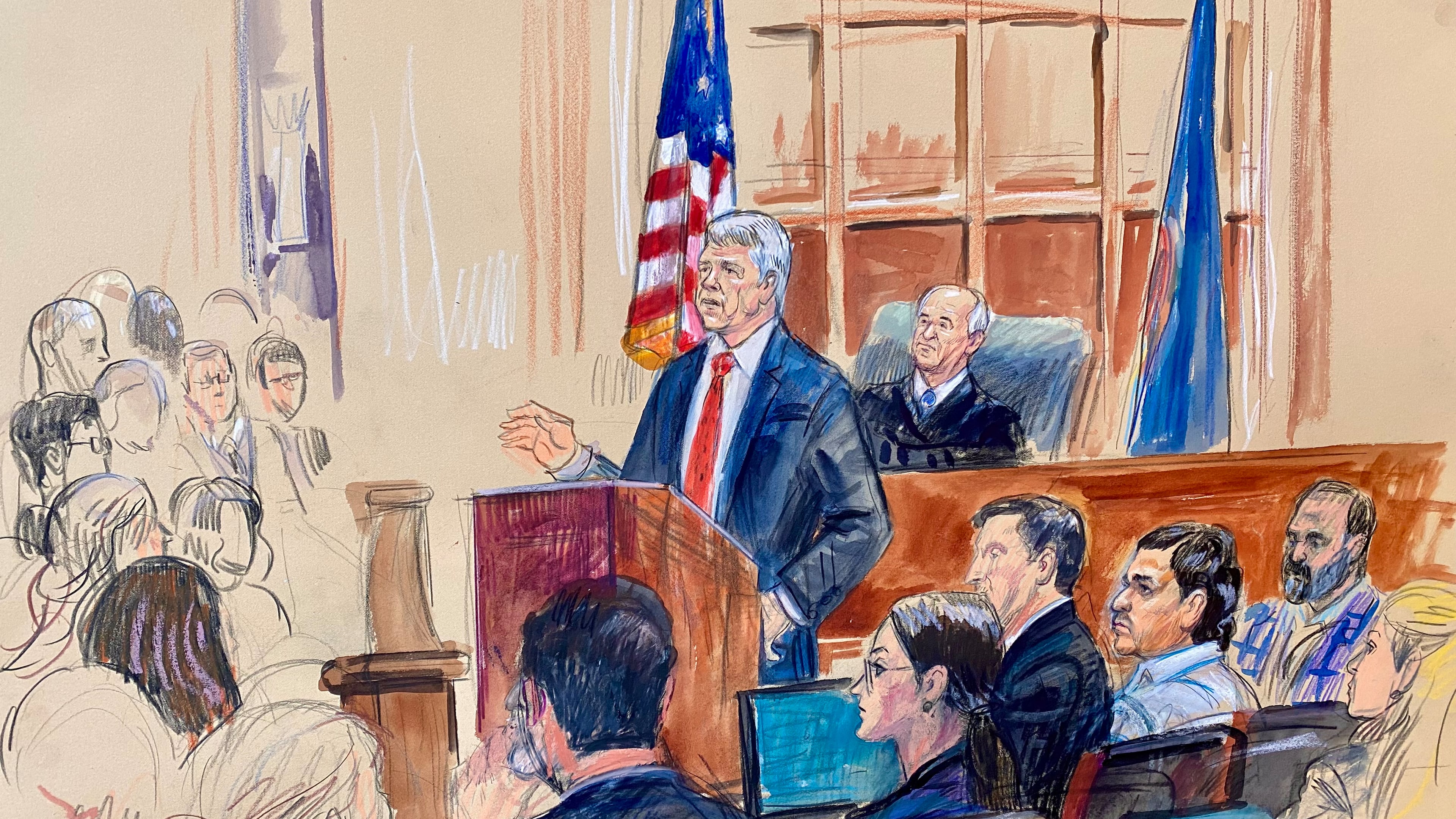 This courtroom sketch depicts Justice Department prosecutor John Gibbs speaking as defense attorneys Lauren Rosen, Geremy Kamens, from center middle seated, defendant Mohammad Sharifullah, and an interpreter, listen along with Judge Anthony John Trenga during the opening day of the trial for Sharifullah in federal court in Alexandria, Va., Monday, April 20, 2026. (Dana Verkouteren via AP)