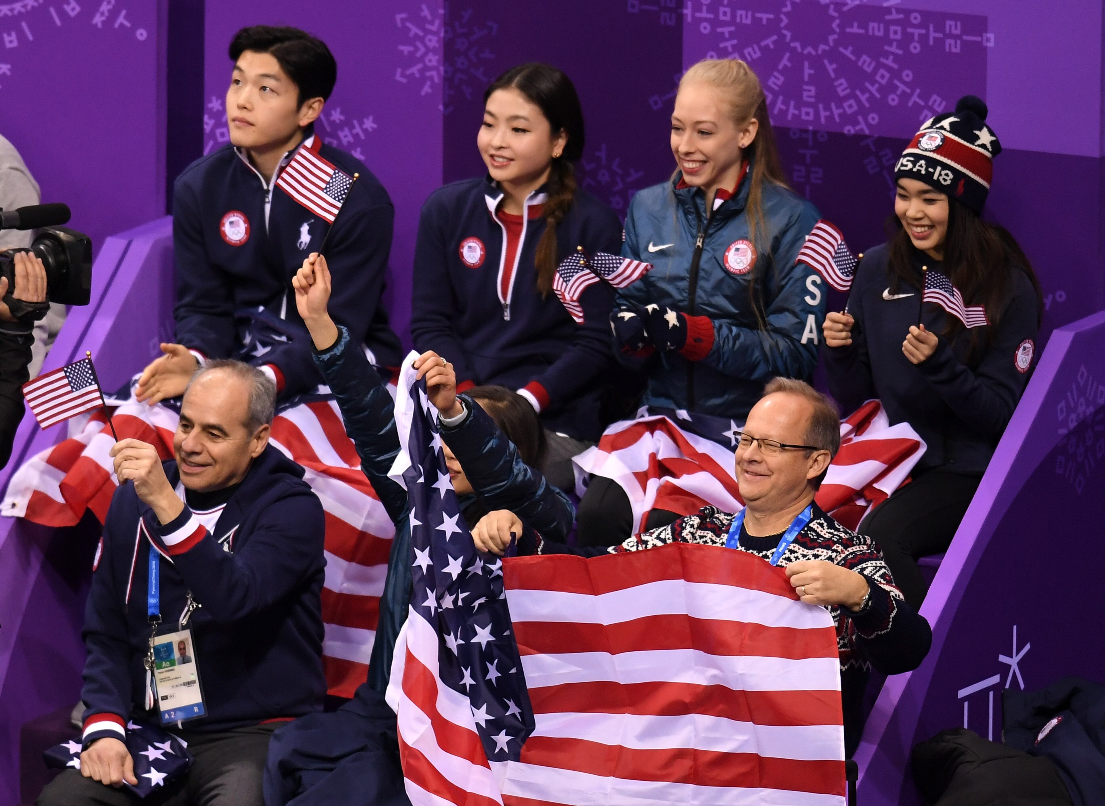 GANGNEUNG, SOUTH KOREA - FEBRUARY 09: United States team members cheer for Nathan Chen in the Figure Skating Team Event - Men's Single Skating Short Program during the PyeongChang 2018 Winter Olympic Games at Gangneung Ice Arena on February 9, 2018 in Gangneung, South Korea. (Photo by Harry How/Getty Images)