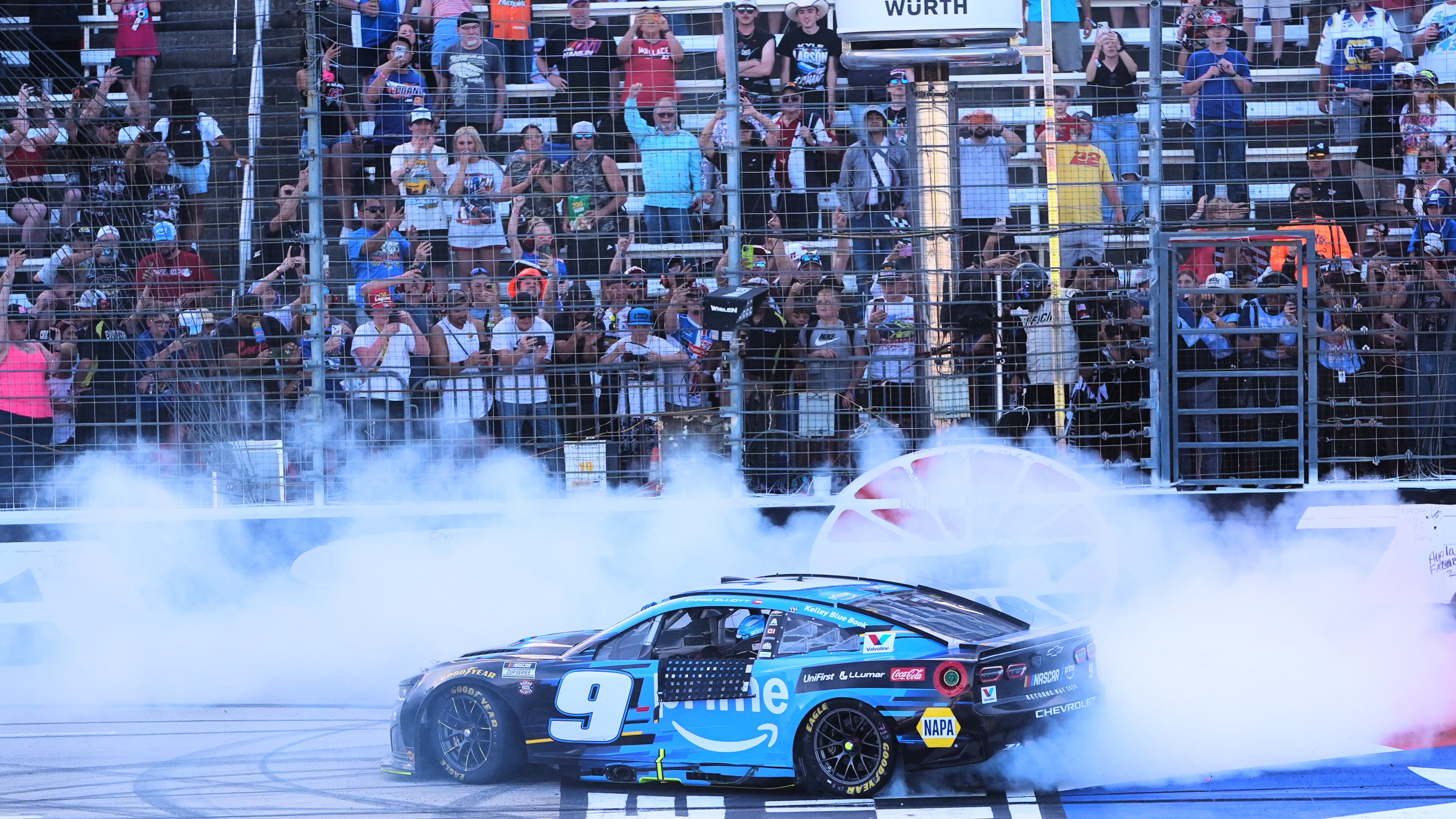 Chase Elliott does a burnout at the finish line after winning a NASCAR Cup Series auto race in Fort Worth, Texas, Sunday, May 3, 2026. (AP Photo/LM Otero)