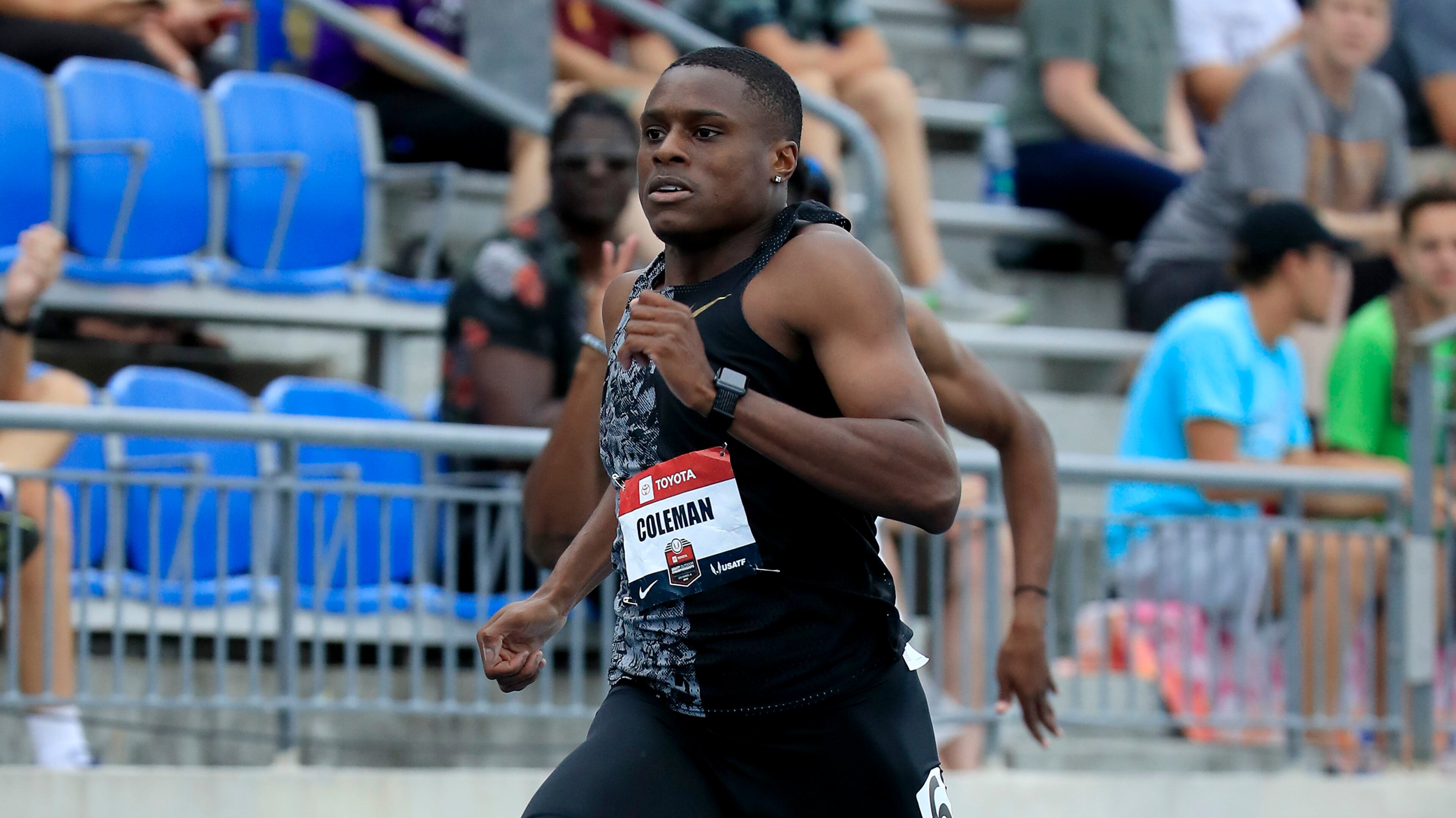 Atlanta's Christian Coleman competes in the 200 meter semifinal during the 2019 USATF Outdoor Championships at Drake Stadium on July 28, 2019 in Des Moines, Iowa.