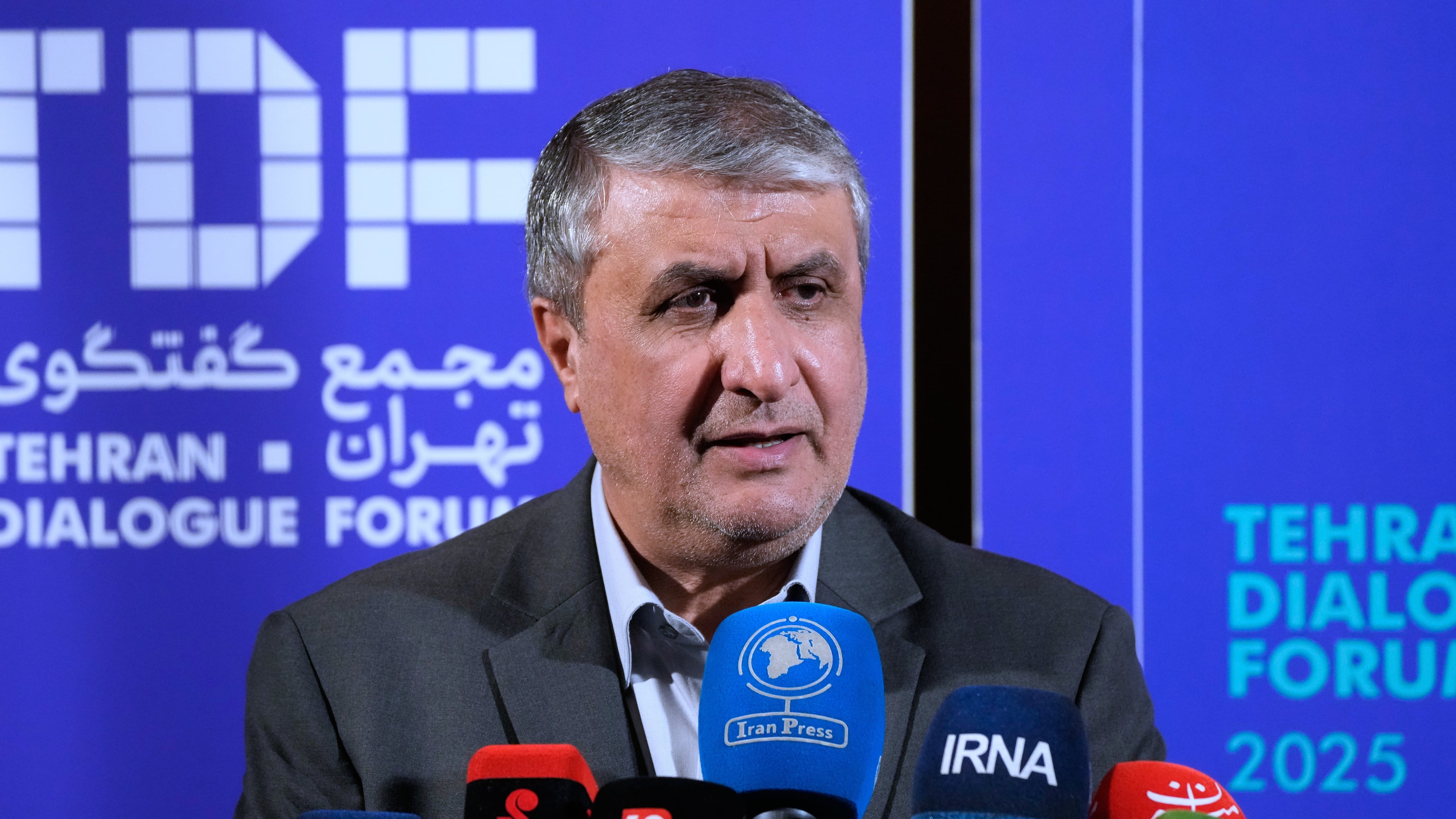 FILE - Head of Iran's Atomic Energy Organization Mohammad Eslami speaks at a news briefing in Tehran, Iran, Nov. 16, 2025. (AP Photo/Vahid Salemi, File)