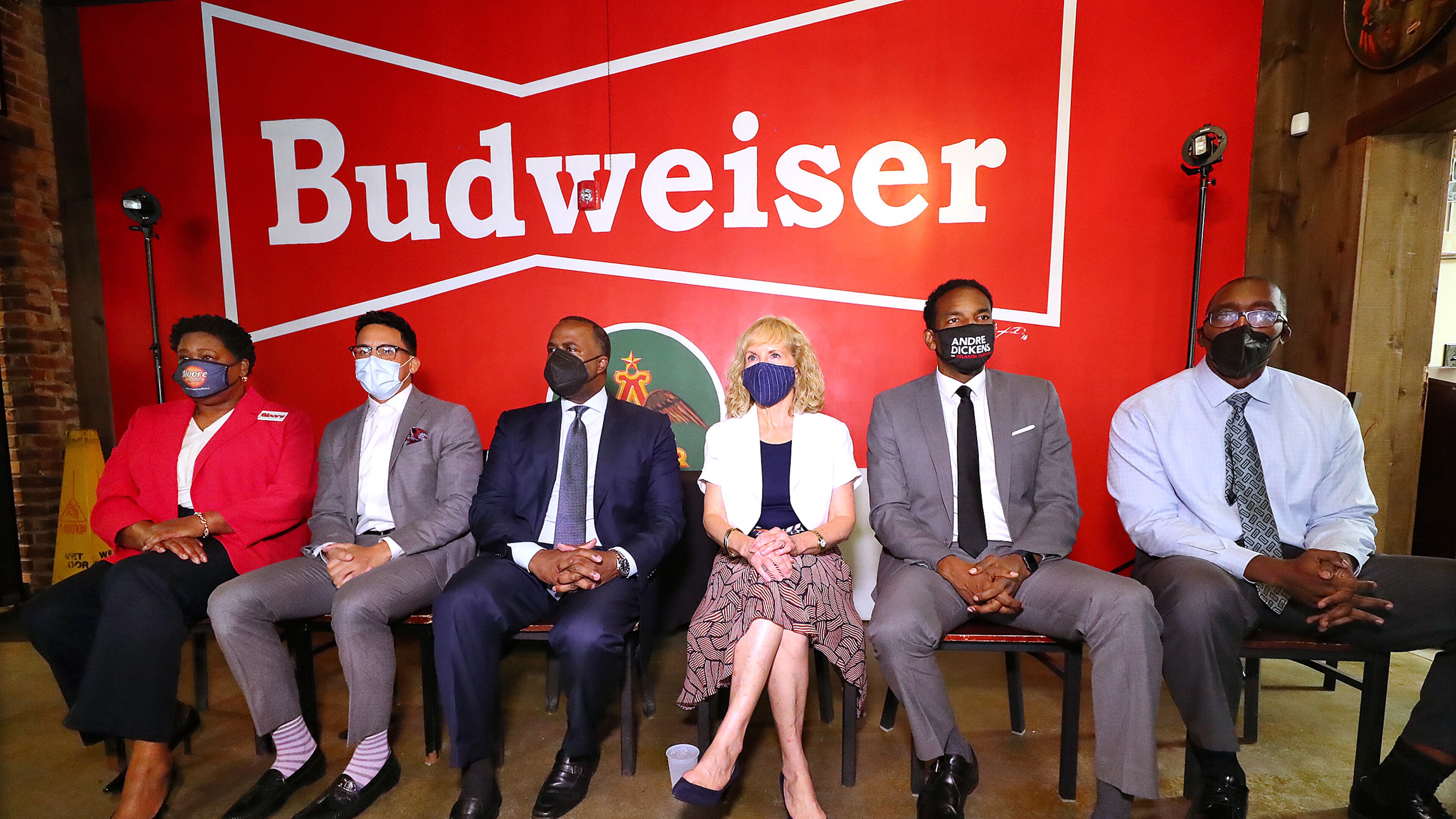 080421 Atlanta: Mayoral candidates Council President Felicia Moore (from left), Councilman Antonio Brown, former Atlanta Mayor Kasim Reed, attorney Sharon Gay, Councilman Andre Dickens, and local businessman Richard Wright take part in a mayoral debate hosted by The Young Democrats of Atlanta at Manuel’s Tavern on Wednesday, August 4, 2021, in Atlanta. “Curtis Compton / Curtis.Compton@ajc.com”