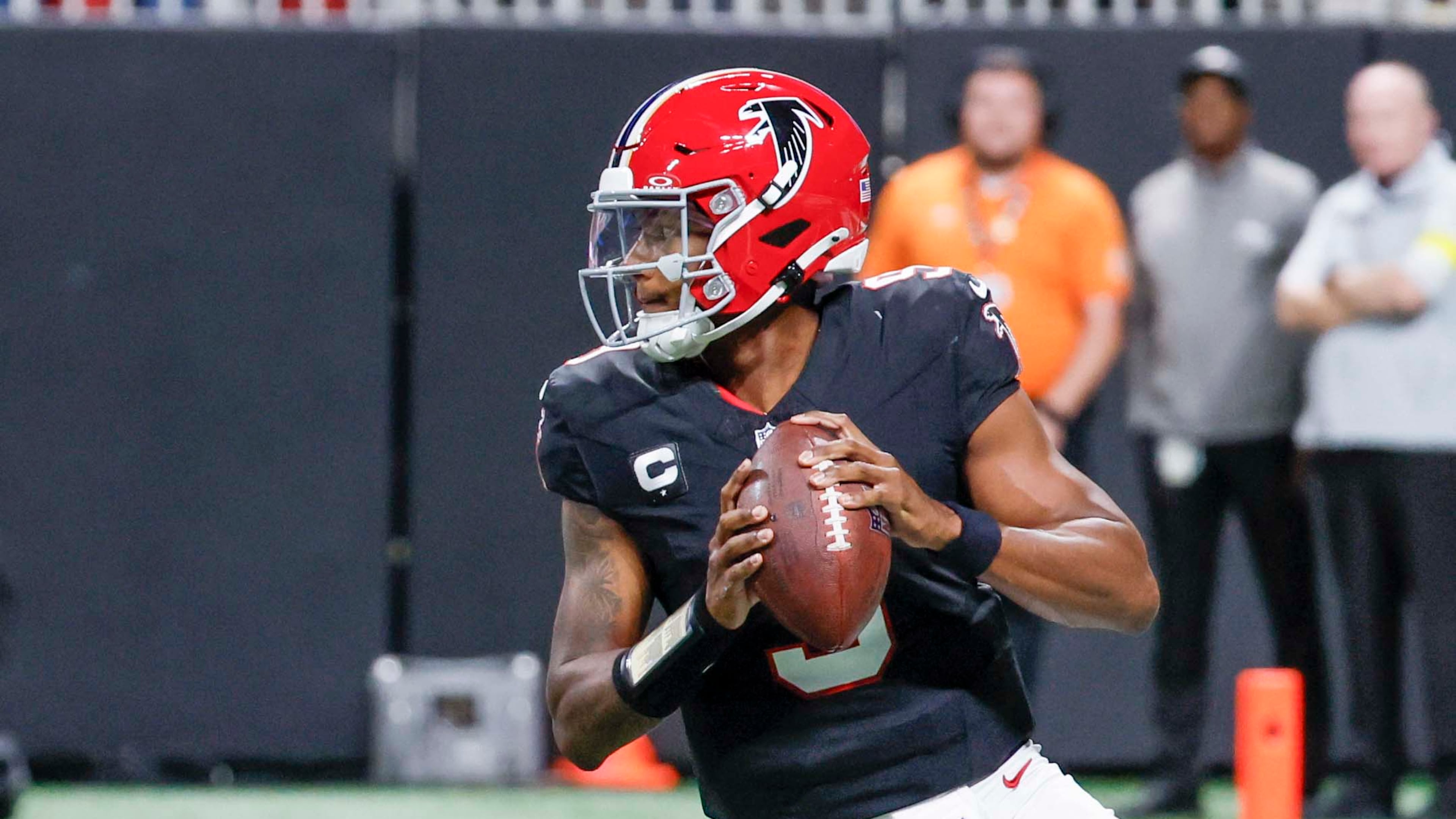 Falcons quarterback Michael Penix Jr. attempts a pass in the second half against the Bills at Mercedes-Benz Stadium on Monday, Oct. 13, 2025. (Miguel Martinez/AJC)