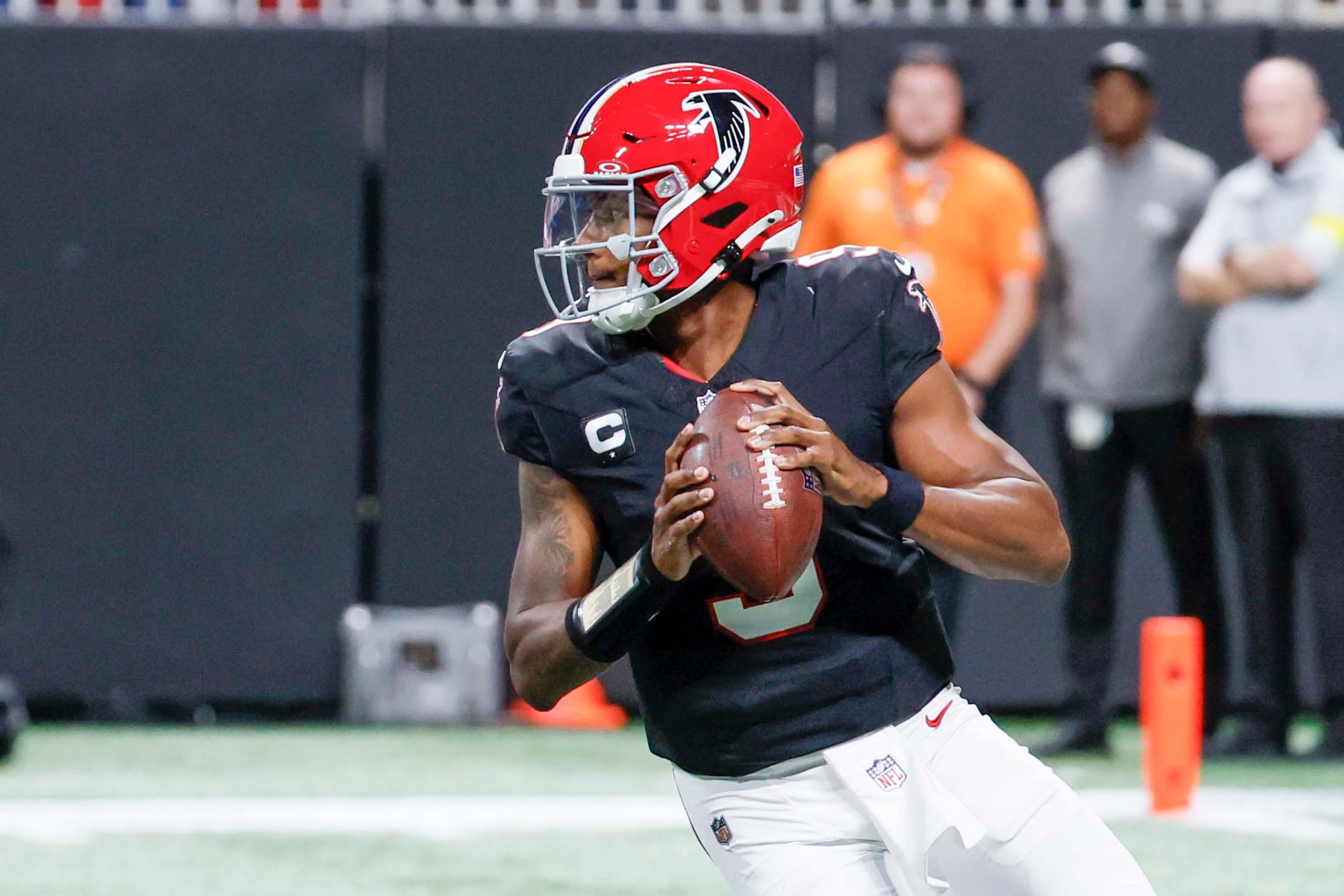 Atlanta Falcons quarterback Michael Penix Jr. (9) attempts a pass in the second half of an NFL game against the Buffalo Bills at Mercedes-Benz Stadium in Atlanta on Monday, October 13, 2025.
(Miguel Martinez/ AJC)