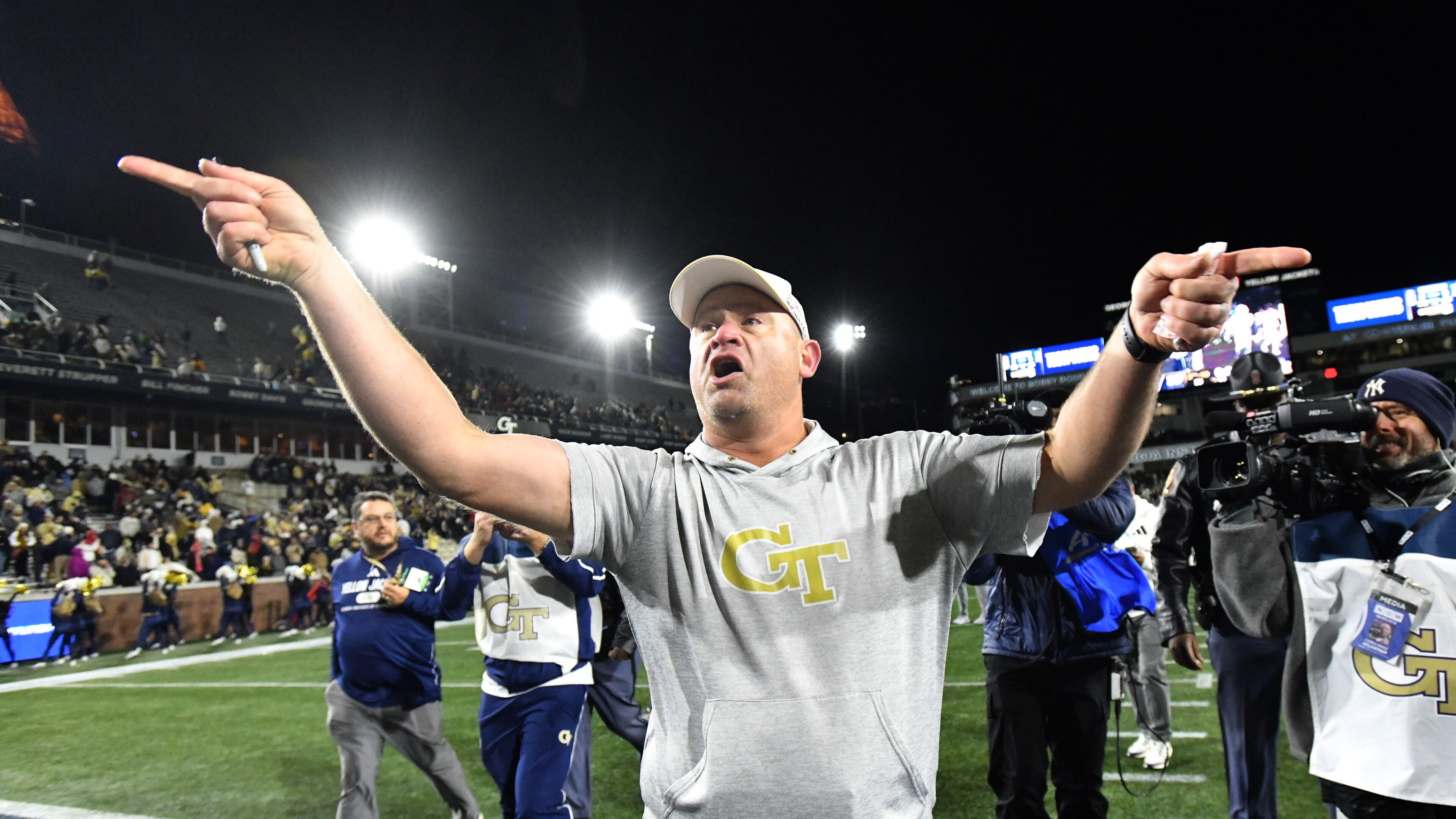 Georgia Tech coach Brent Key reacts as he leaves the field after Georgia Tech beat North Carolina State during an NCAA college football game at Bobby Dodd Stadium, Thursday, November 21, 2024, in Atlanta. Georgia Tech won 30-29 over North Carolina State. (Hyosub Shin / AJC)