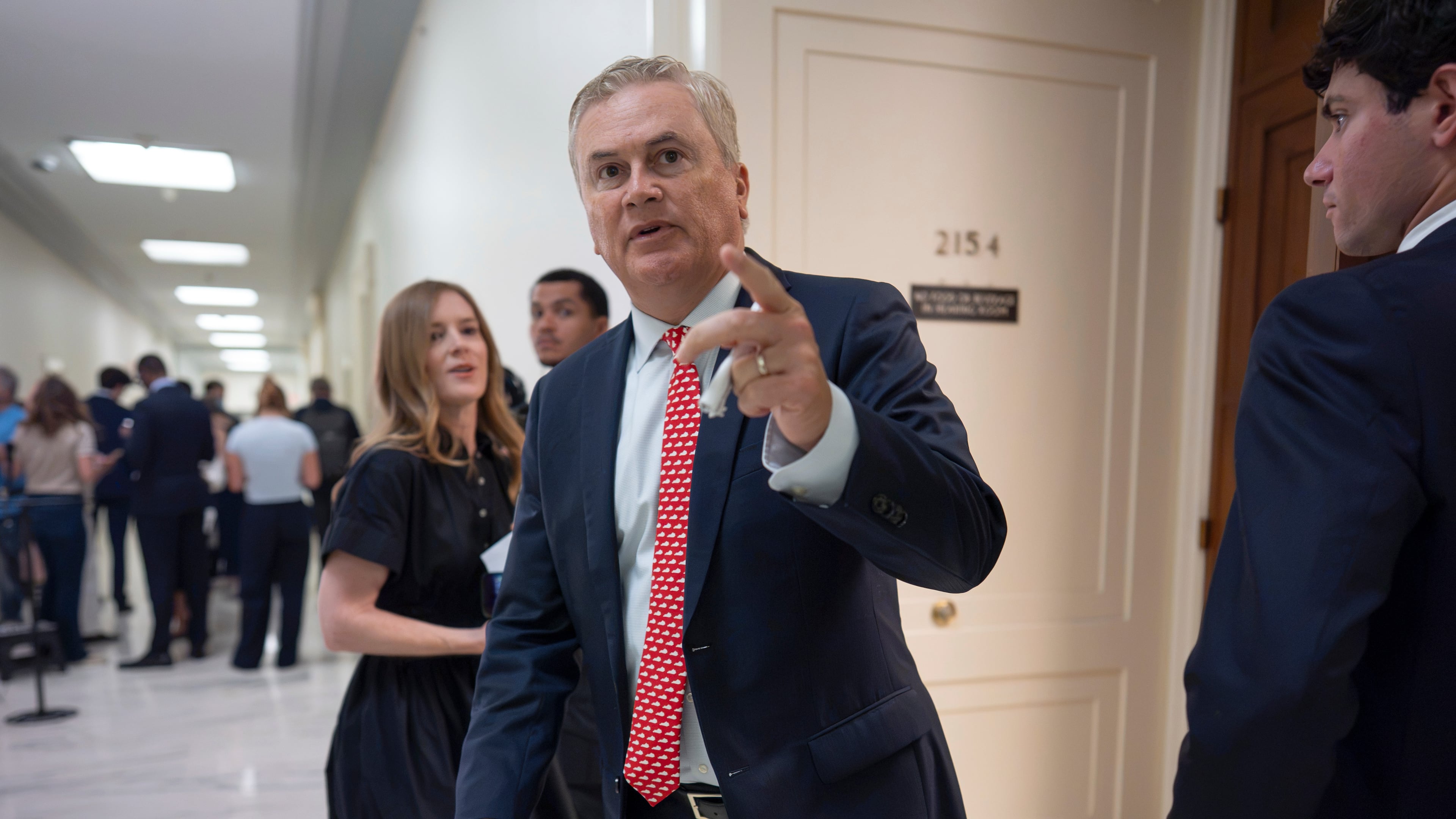 House Oversight Committee Chairman James Comer, R-Ky., arrives to hold a closed-door interview with Leon Black, a billionaire who was close with Jeffrey Epstein, at the Capitol in Washington, Friday, June 26, 2026. (AP Photo/J. Scott Applewhite)