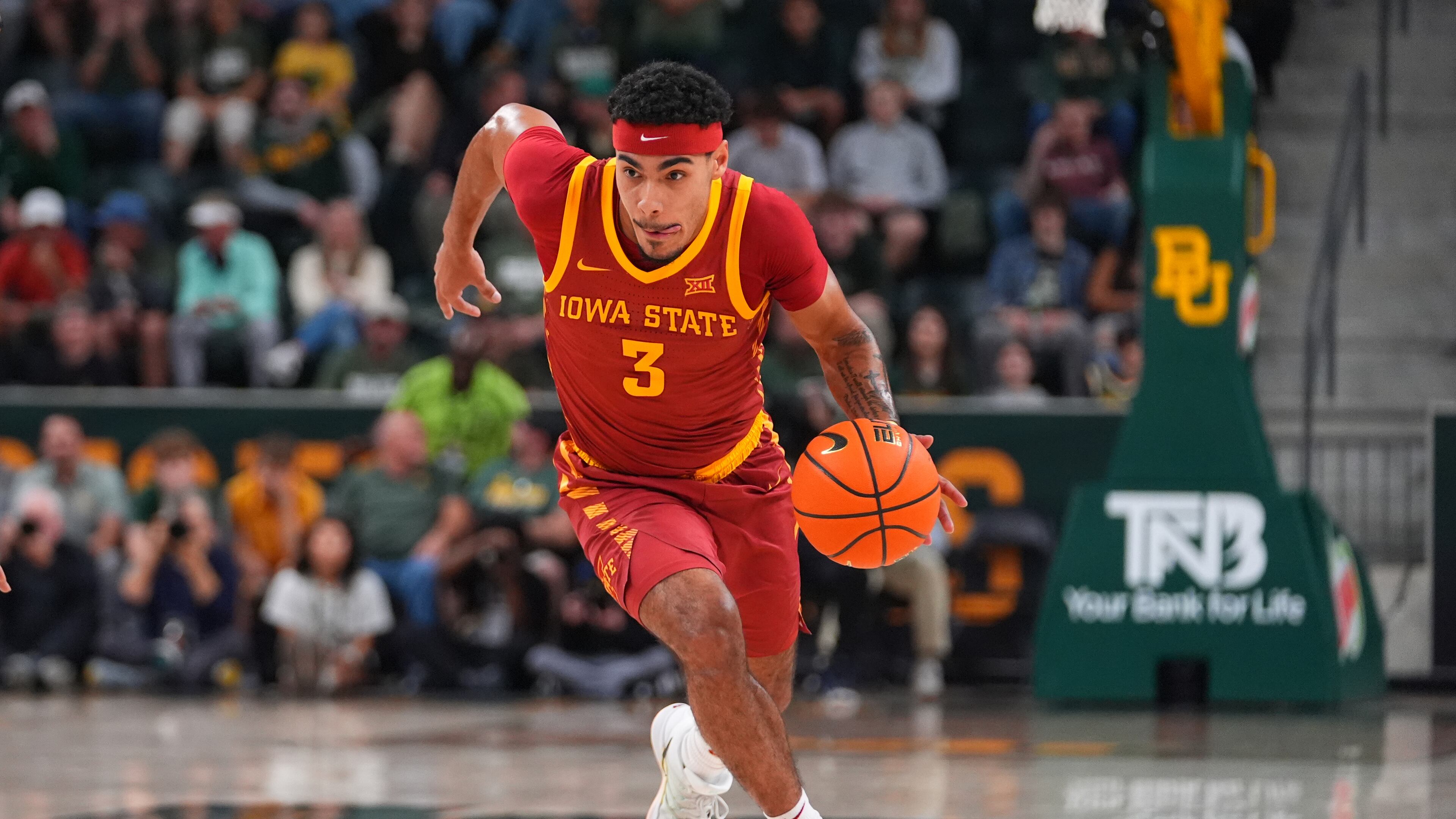 Iowa State guard Tamin Lipsey drives to the basket against Baylor during the first half of an NCAA college basketball game Wednesday, Jan. 7, 2026, in Waco, Texas. (AP Photo/Julio Cortez)