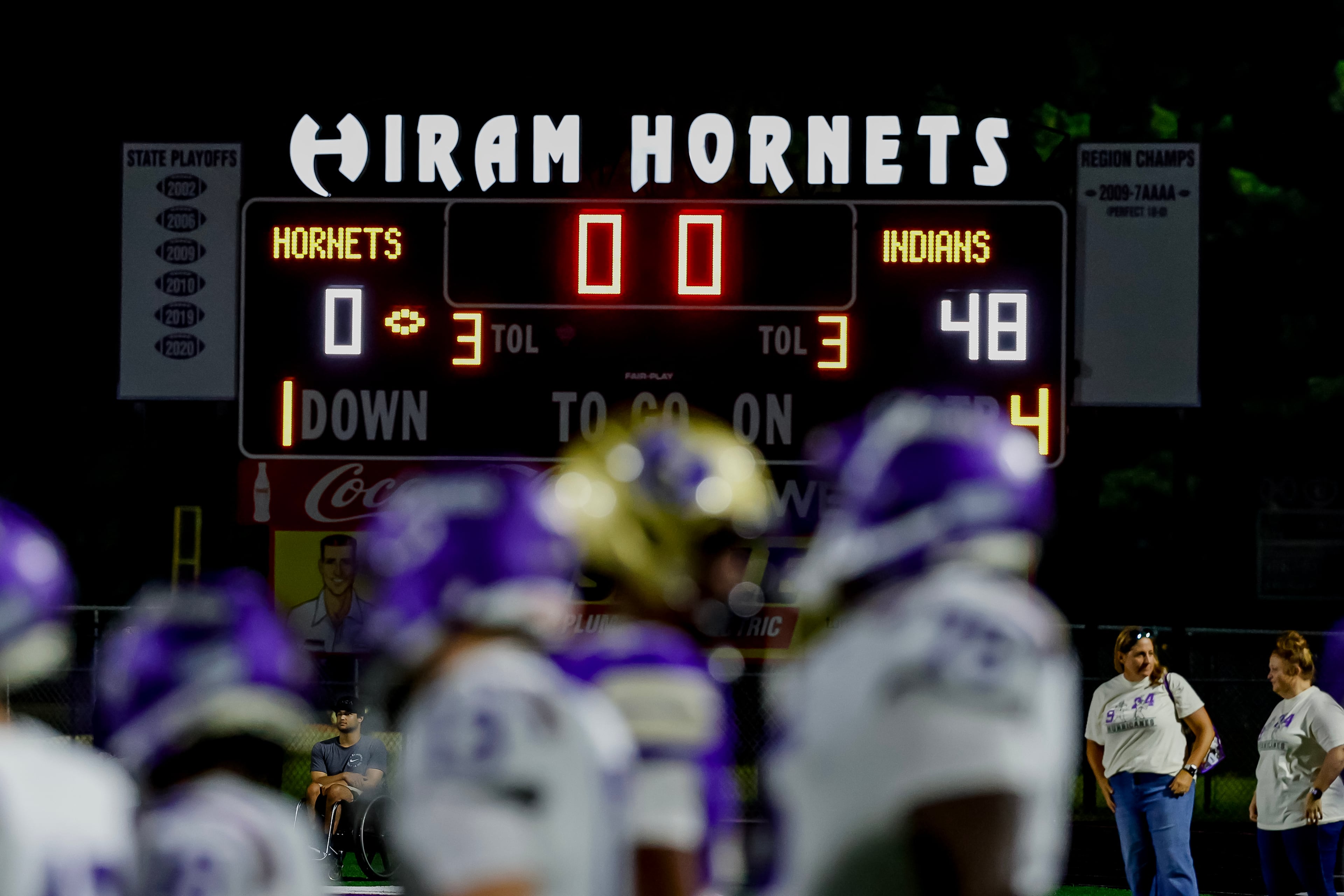 The scoreboard shows the final score after Cartersville shutout Hiram, 48-0, on Friday, Aug. 21, 2026, in Hiram. (Erik S. Lesser for the AJC)