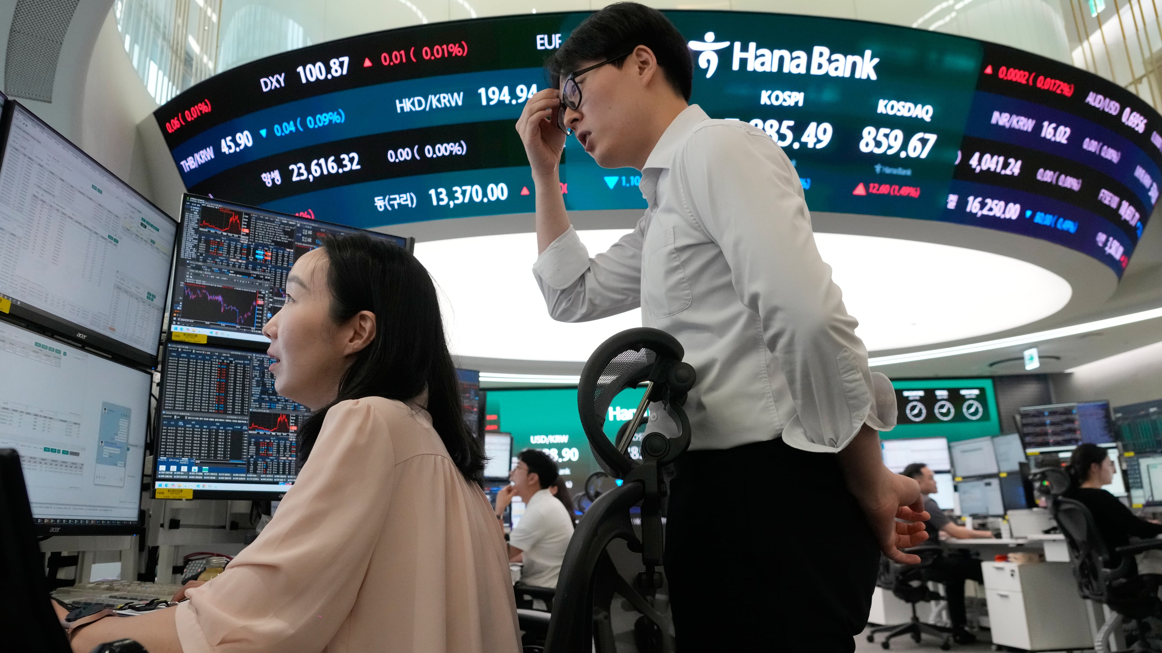 Currency traders watch monitors at the foreign exchange dealing room of the Hana Bank headquarters in Seoul, South Korea, Tuesday, July 7, 2026. (AP Photo/Ahn Young-joon)