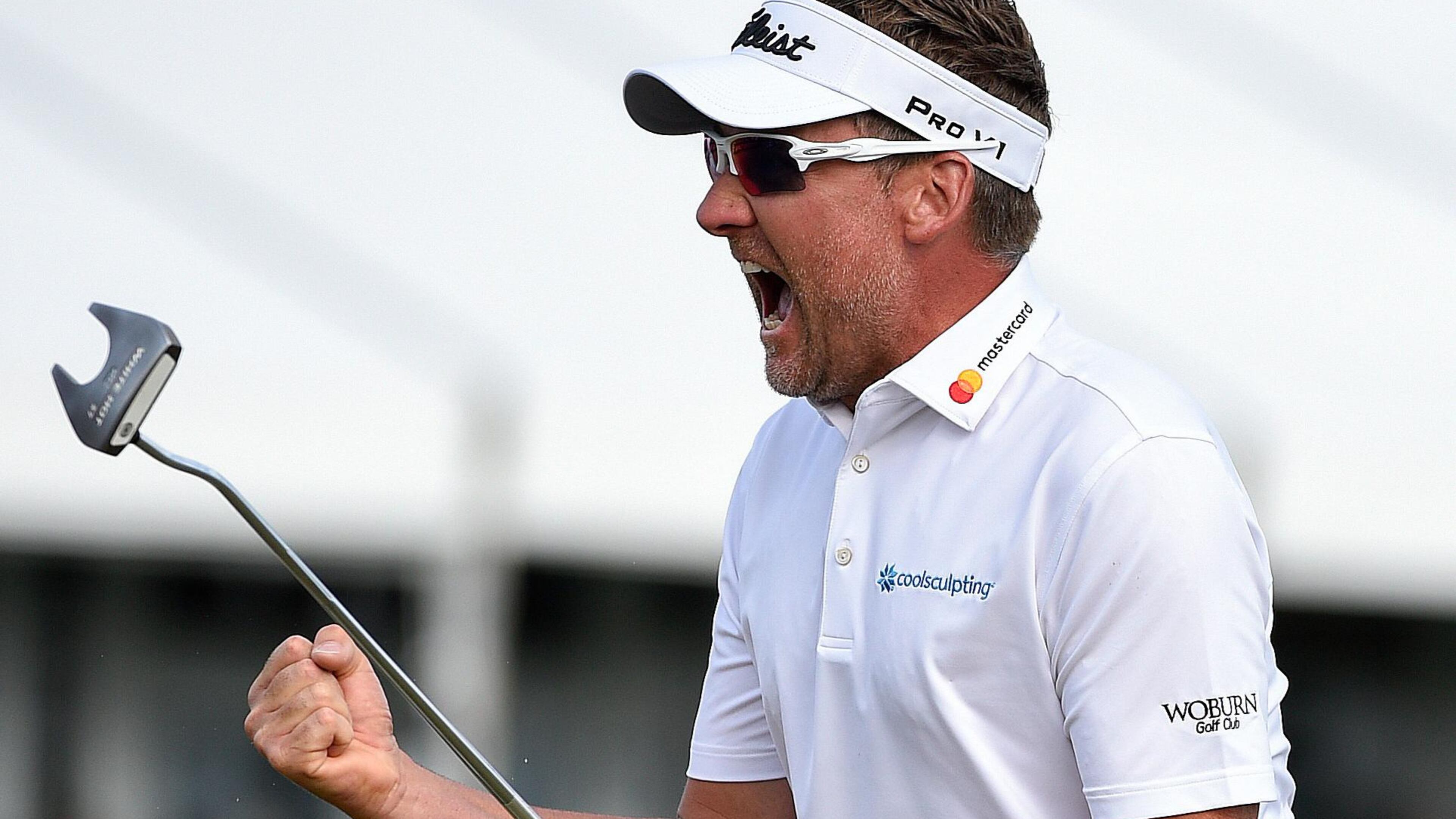 Ian Poulter reacts after his par putt to win the Houston Open golf tournament in a one-hole playoff on the 18th hole over Beau Hossler, Sunday, April 1, 2018, in Humble, Texas. (AP Photo/Eric Christian Smith)