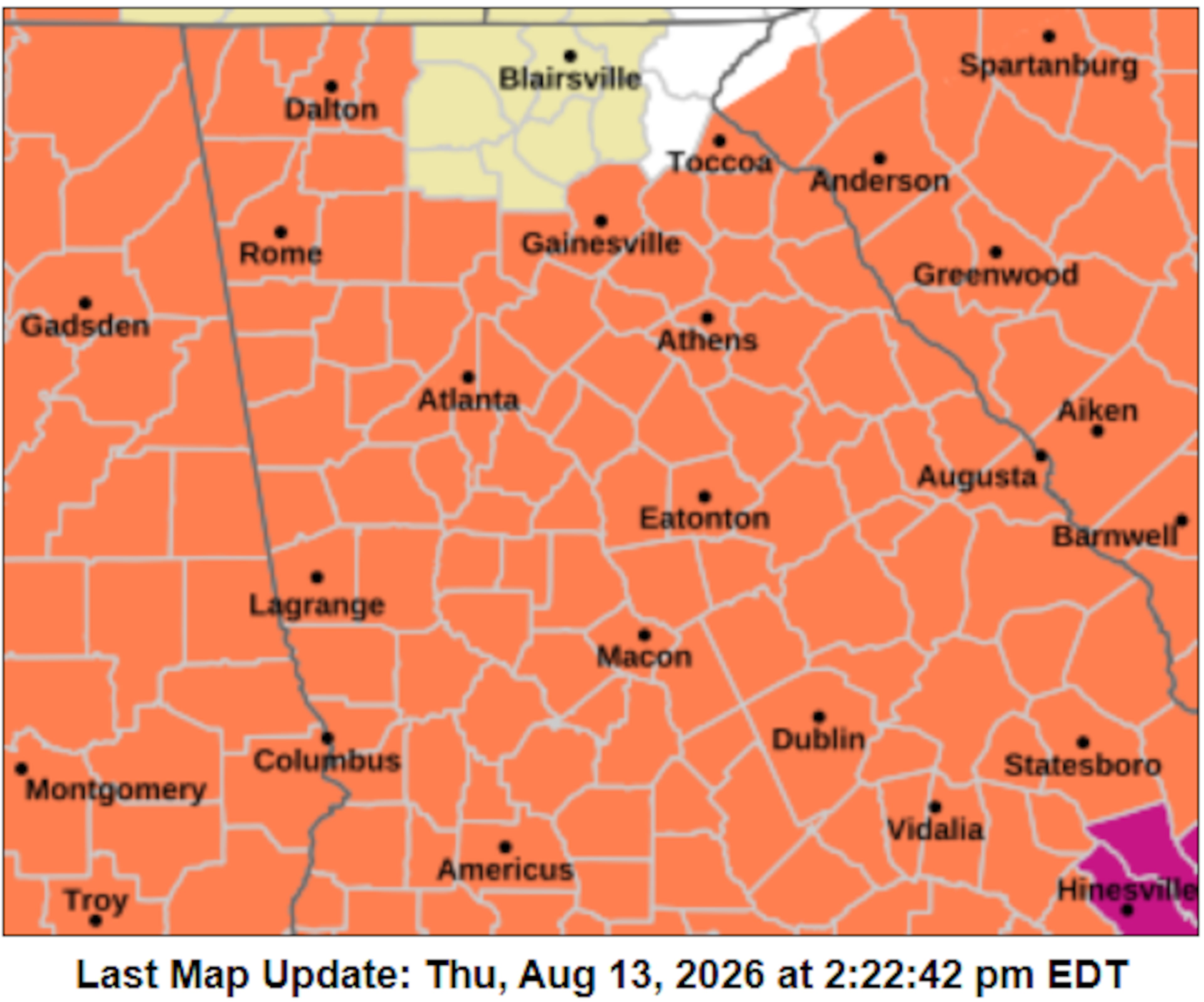 Much of Georgia will fall under a heat advisory Friday, Aug. 14, 2026, according to a National Weather Service map updated at midafternoon Thursday. (Courtesy of National Weather Service)