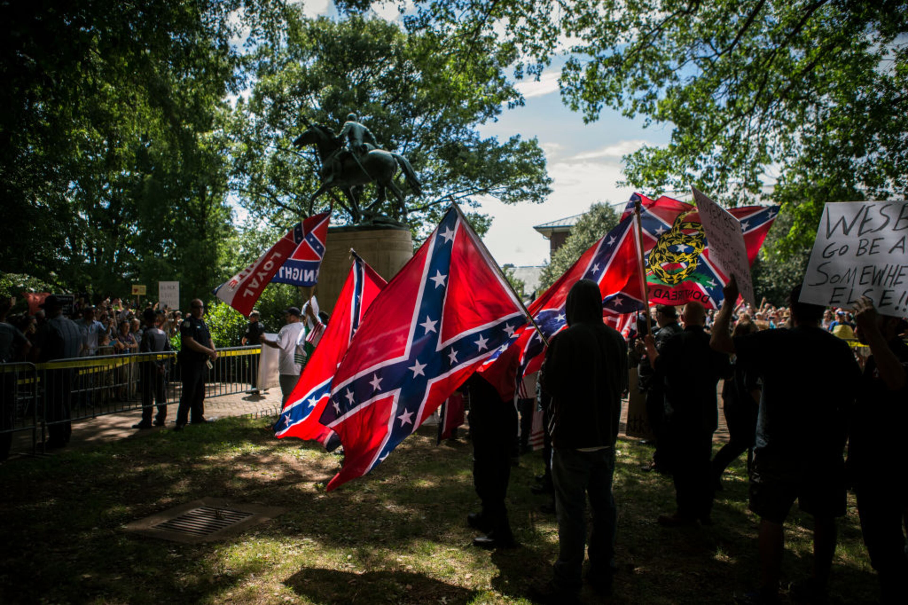 CHARLOTTESVILLE, VA - JULY 08: The Ku Klux Klan protests on July 8, 2017 in Charlottesville, Virginia. The KKK is protesting the planned removal of a statue of General Robert E. Lee, and calling for the protection of Southern Confederate monuments. (Photo by Chet Strange/Getty Images)