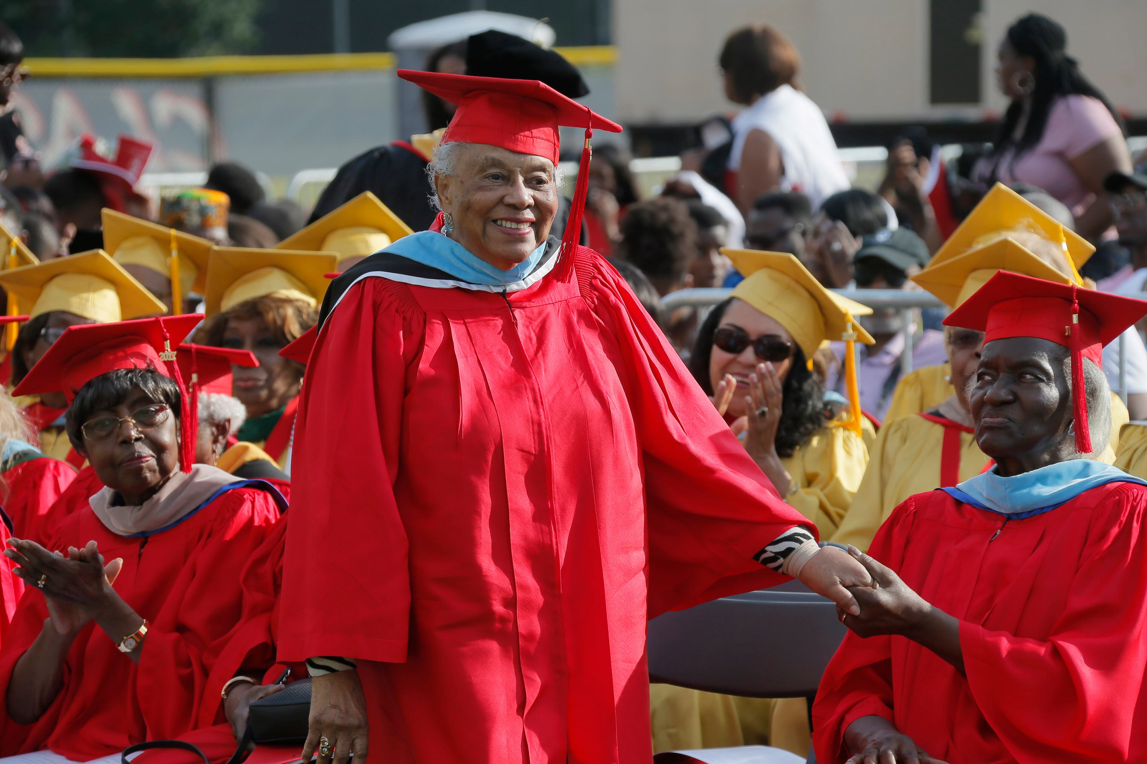 5/22/17 - Atlanta - Carolyn Smith Bolton, class of 1947, stands as she is recognized with the Legacy Alumni. Clark Atlanta University's Panther Stadium was the site of their 28th annual Commencement. Businessman William Pickard gave the commencement address. Rev. Jesse Jackson, who received an honorary degree, also spoke. Panther Stadium, BOB ANDRES /BANDRES@AJC.COM