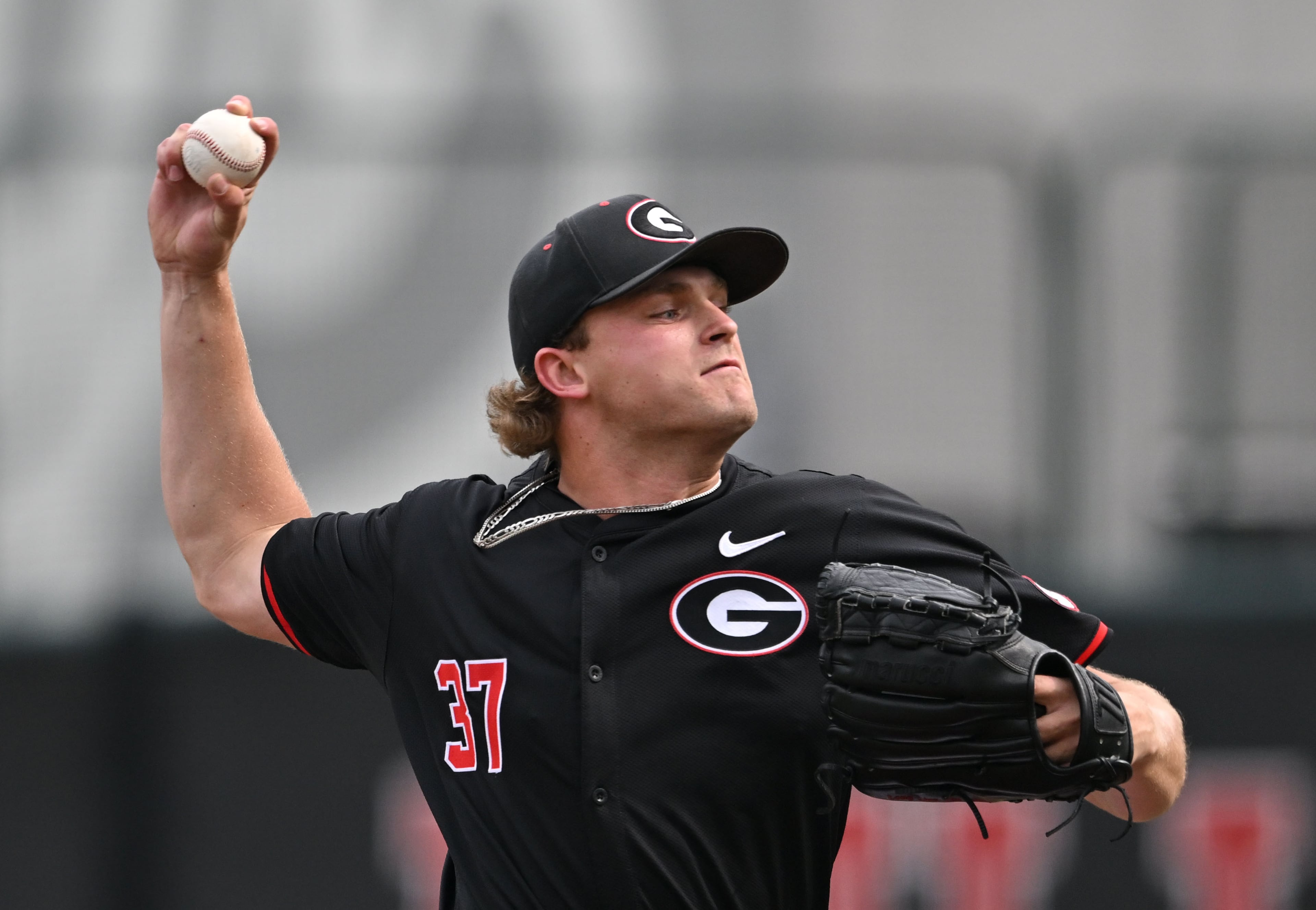 Georgia pitcher Joey Volchko (37) throws a pitch against Long Island during the first inning of their NCAA Regional game at Foley Field, Friday, May 29, 2026, in Athens. (Hyosub Shin/AJC)