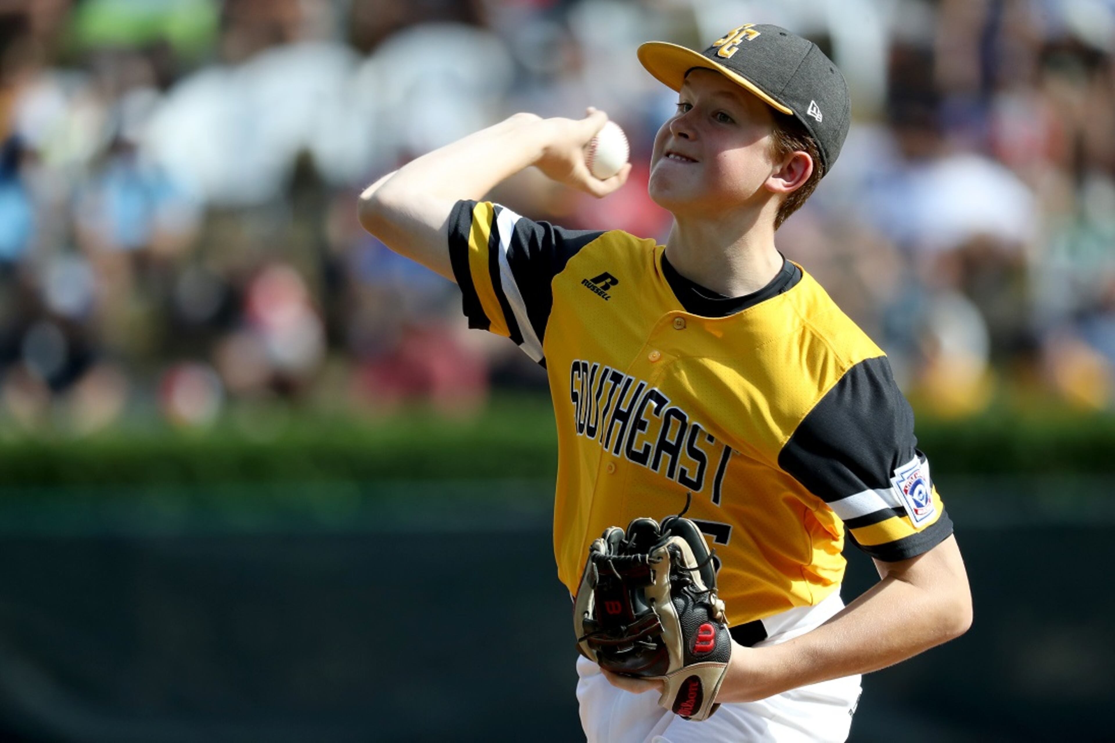 SOUTH WILLIAMSPORT, PA - AUGUST 25: Starting pitcher Connor Riggs-Soper of the Southeast Team of Georgia throws to a batter from the West Region from Hawaii during the U.S. Championship game of the Little League World Series at Lamade Stadium on August 25, 2018 in South Williamsport, Pennsylvania. (Photo by Rob Carr/Getty Images)