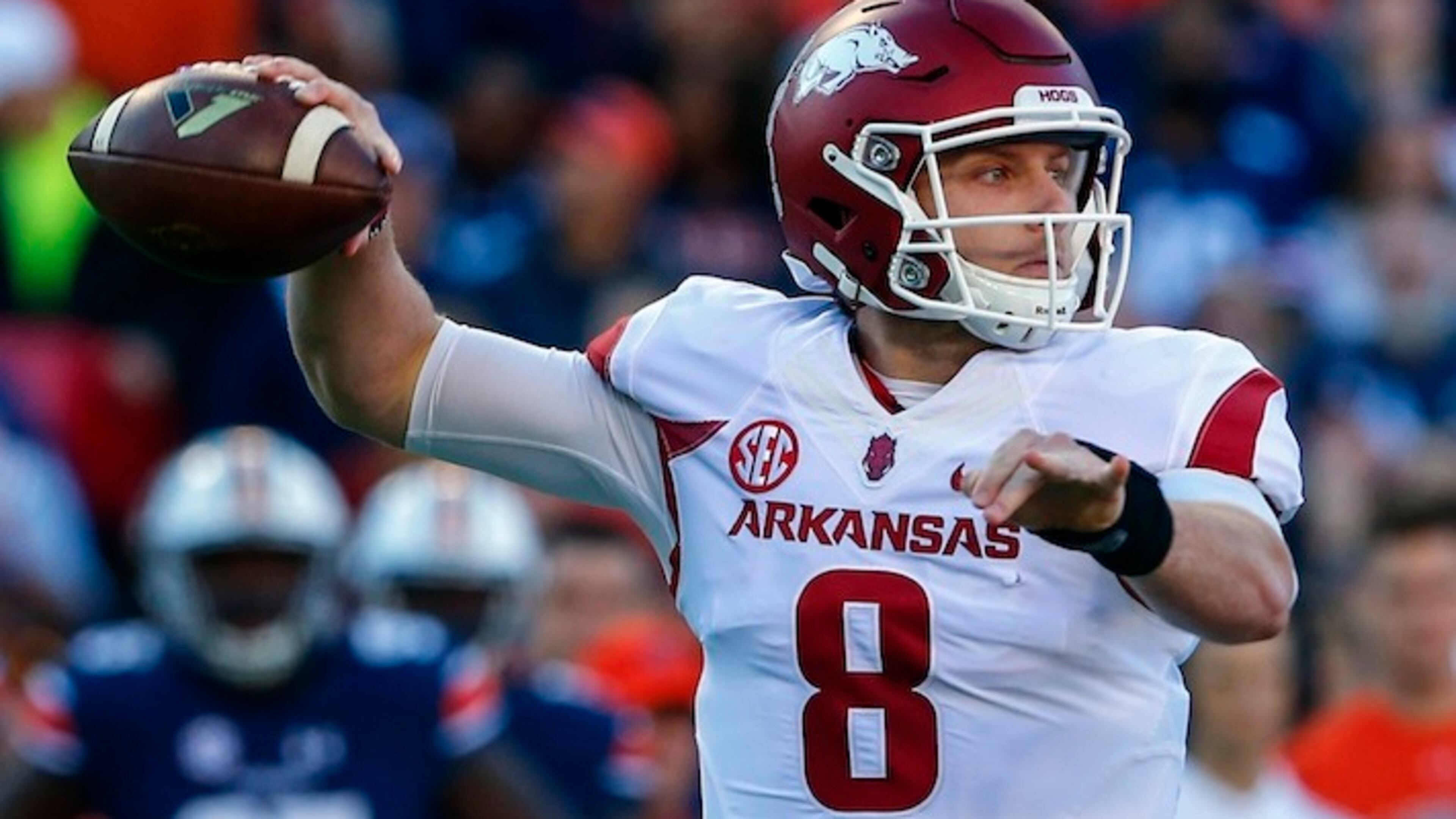 In this Oct. 22, 2016, file photo, Arkansas quarterback Austin Allen (8) throws a pass against Auburn during the first half of an NCAA college football game, in Auburn, Ala. After a successful first season as the starting quarterback at Arkansas for Austin Allen, the senior enters this season with a resume equal to nearly any other signal caller in the country. Both he and Razorbacks coach Bret Bielema know, however, that the national recognition isn't likely to come until Arkansas starts winning more games. (AP Photo/Butch Dill, File)